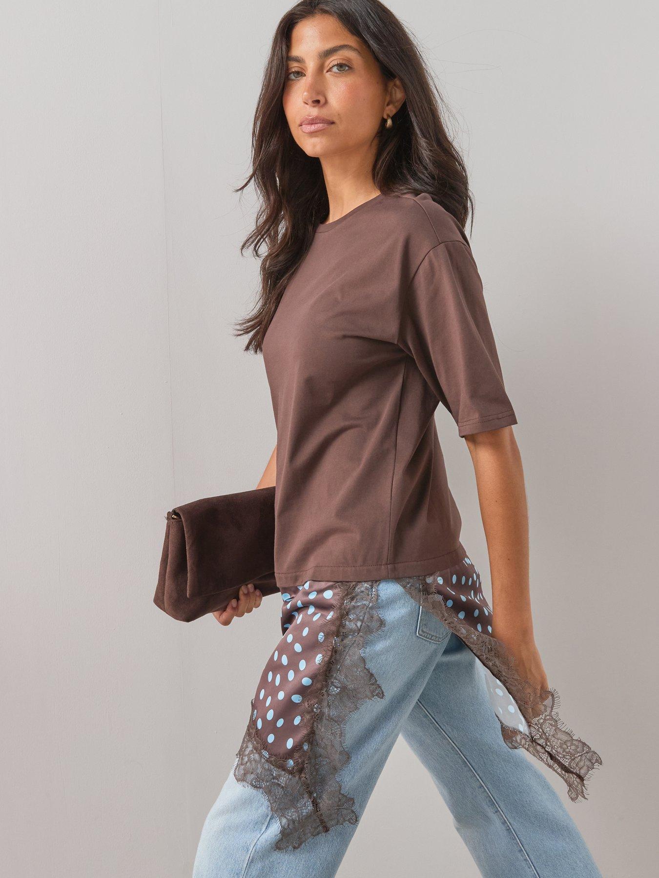 Image 4 of 7 of The Very Collection Spot Satin And Lace Trim Asymmetric Hem Tshirt- Brown