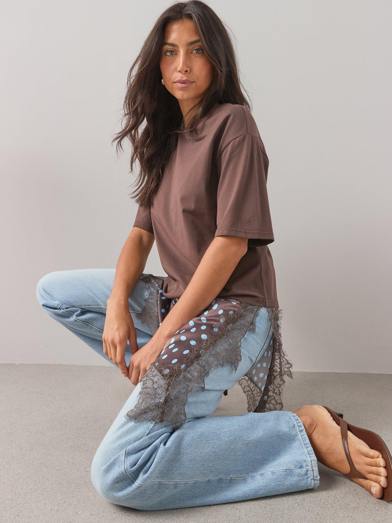 Image 5 of 7 of The Very Collection Spot Satin And Lace Trim Asymmetric Hem Tshirt- Brown