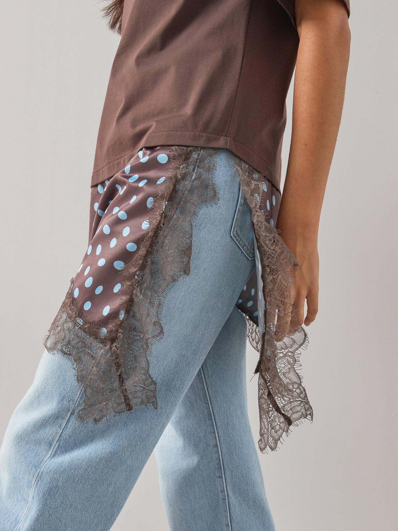 Image 6 of 7 of The Very Collection Spot Satin And Lace Trim Asymmetric Hem Tshirt- Brown