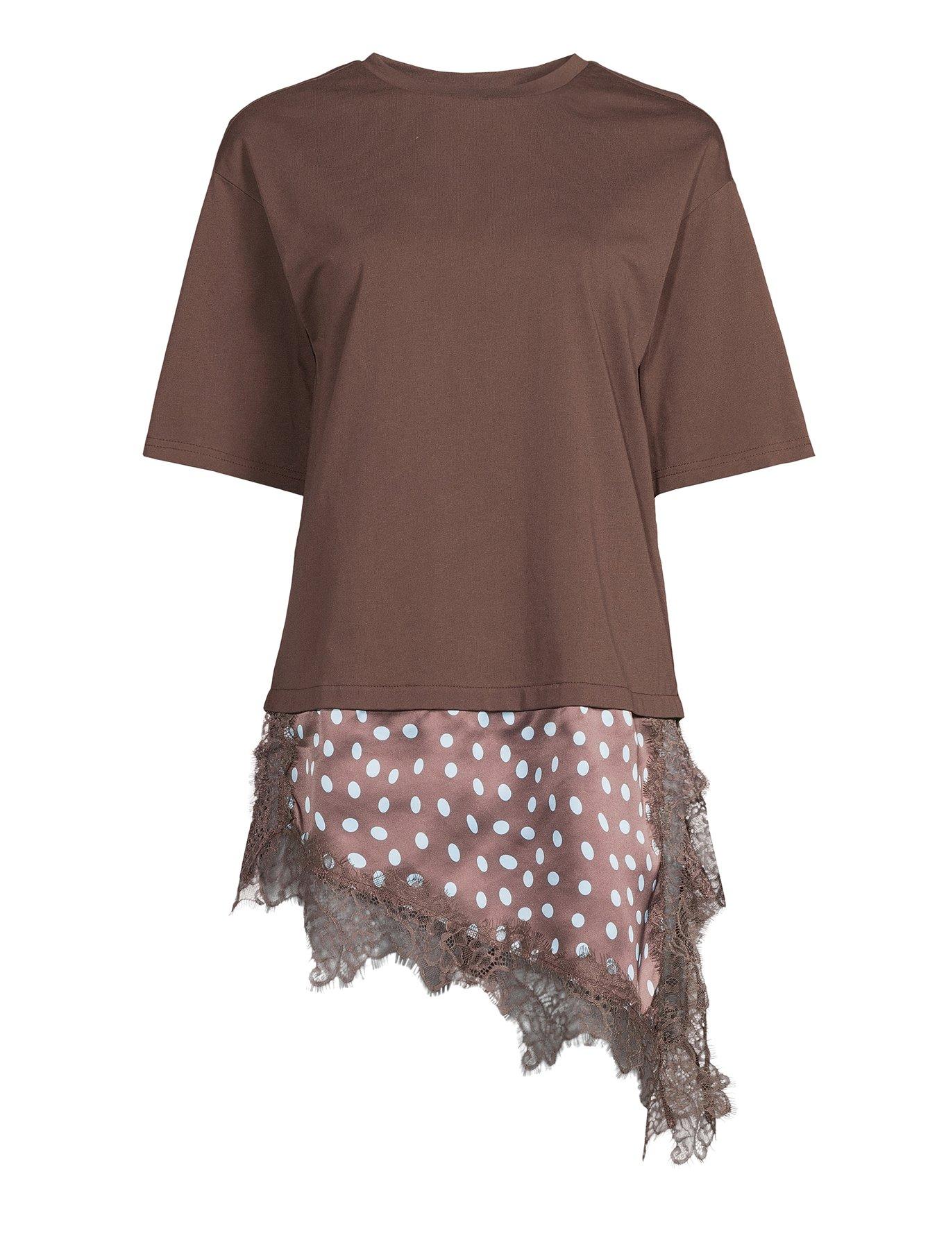 Image 7 of 7 of The Very Collection Spot Satin And Lace Trim Asymmetric Hem Tshirt- Brown