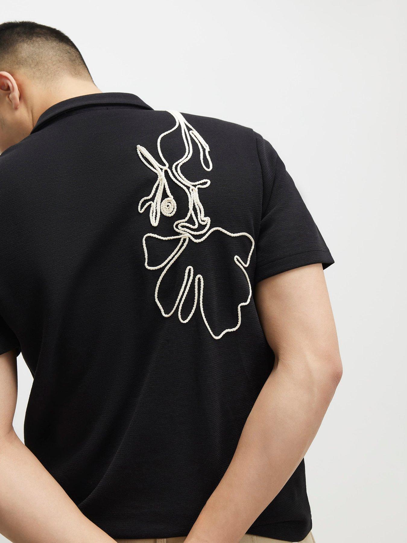 River Island Slim Flower Roping Polo Shirt - Black