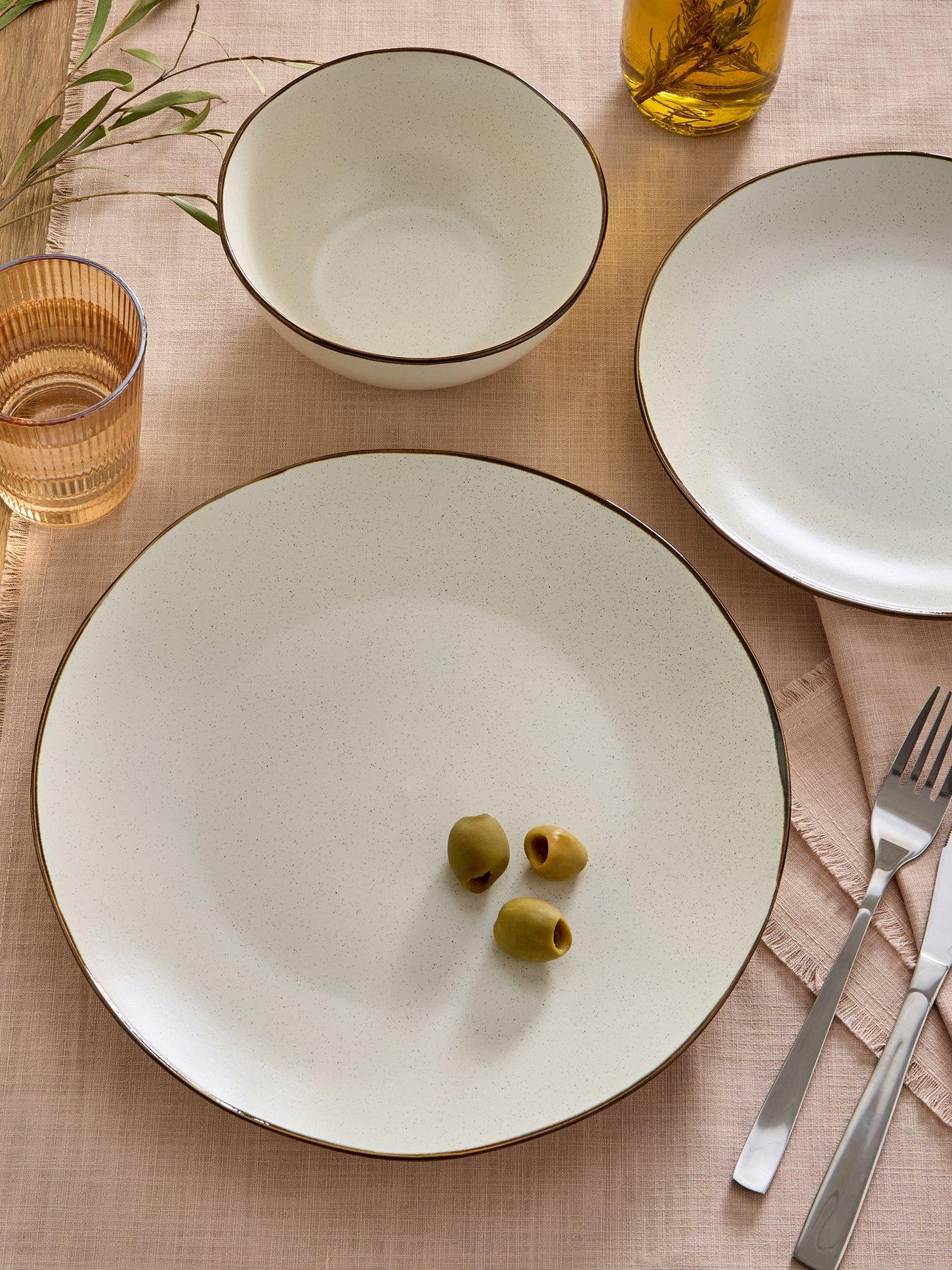 Michelle Keegan Home 12 Piece Dinner Set - Speckle Cream Glaze With Brown Reactive Rim