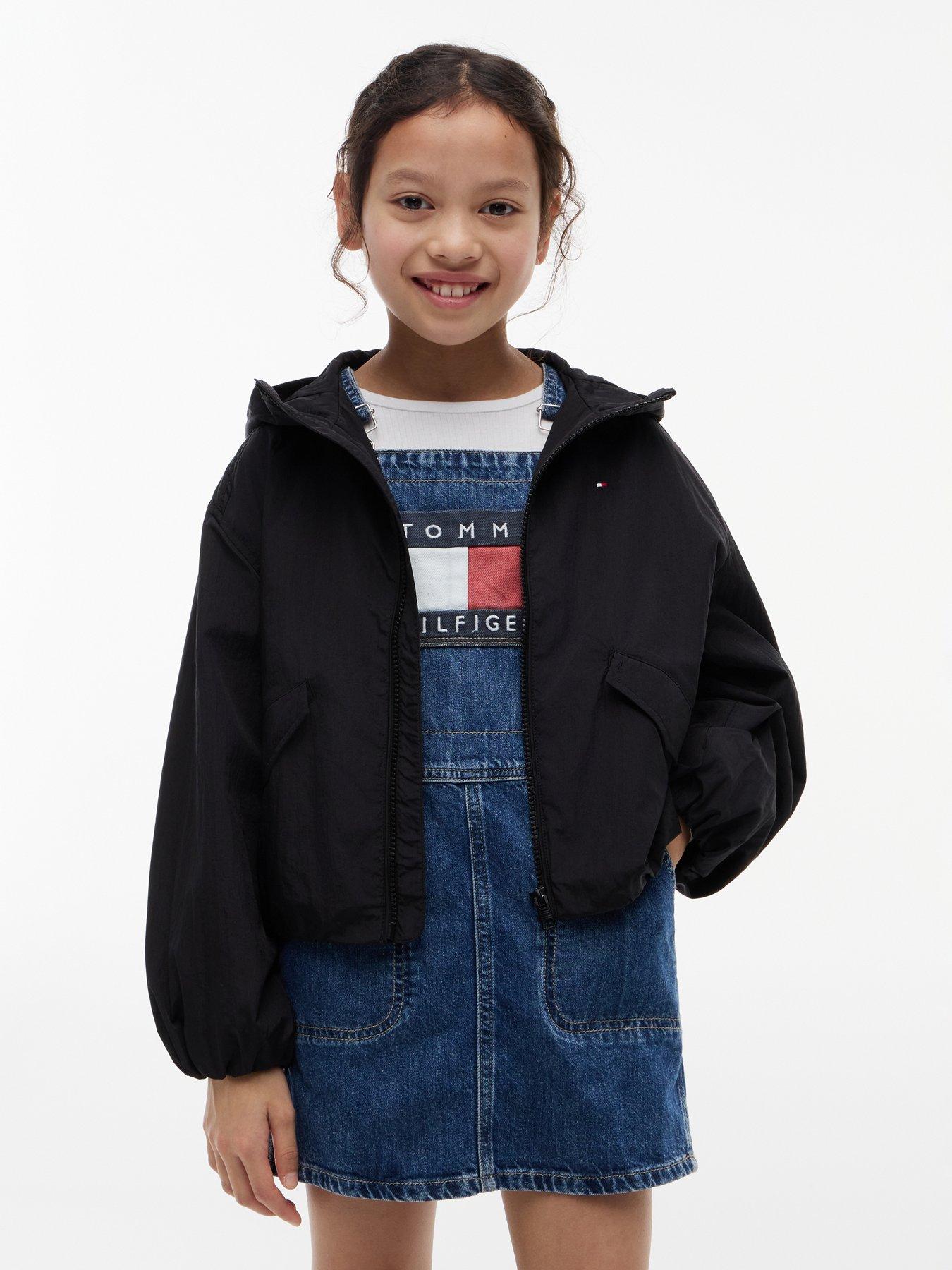 Image 1 of 5 of Tommy Hilfiger Girls Hooded Shiny Flag Jacket - Black