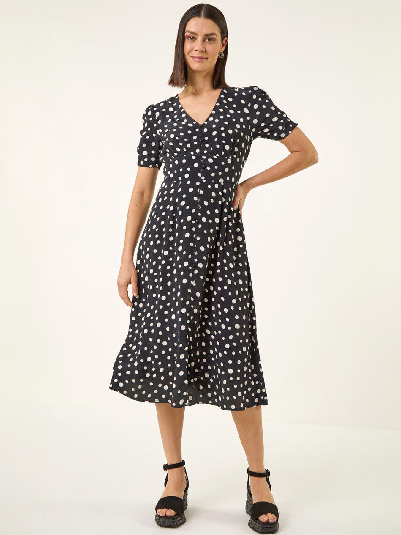 Roman Polka Dot Ruched Sleeve Midi Dress