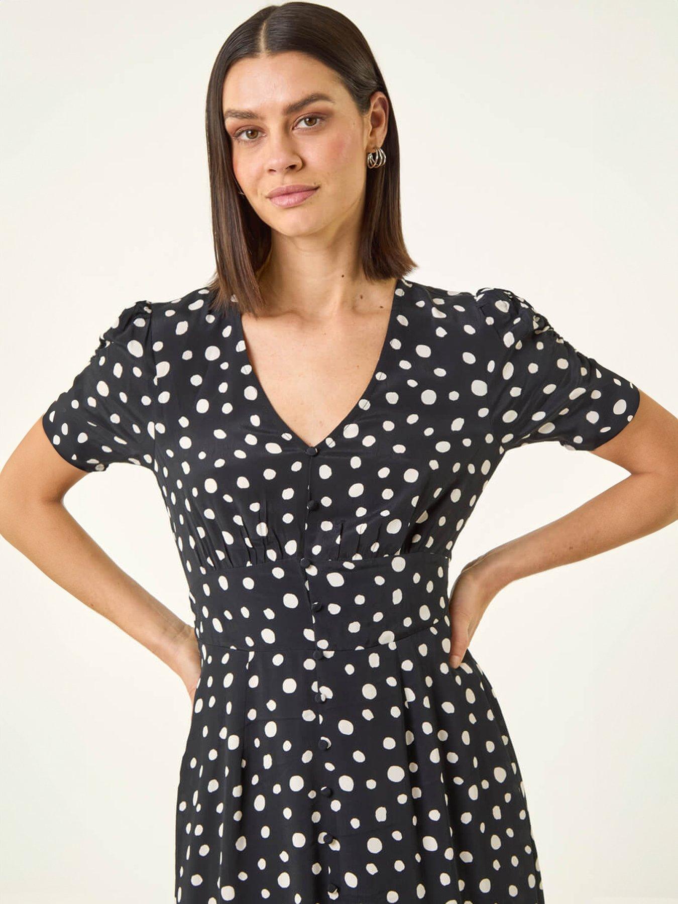 roman-polka-dot-ruched-sleeve-midi-dressoutfit