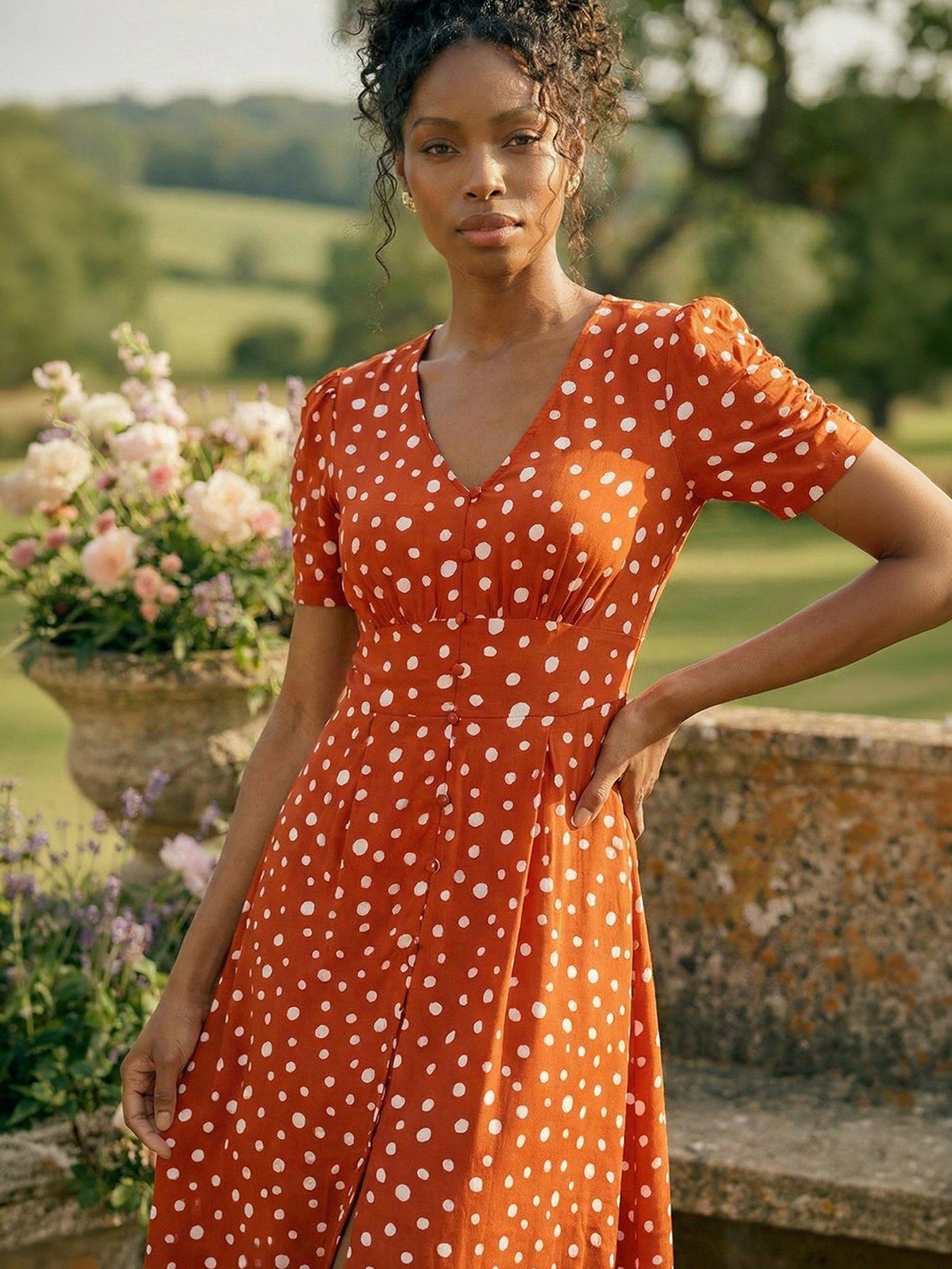 Roman Polka Dot Ruched Sleeve Midi Dress