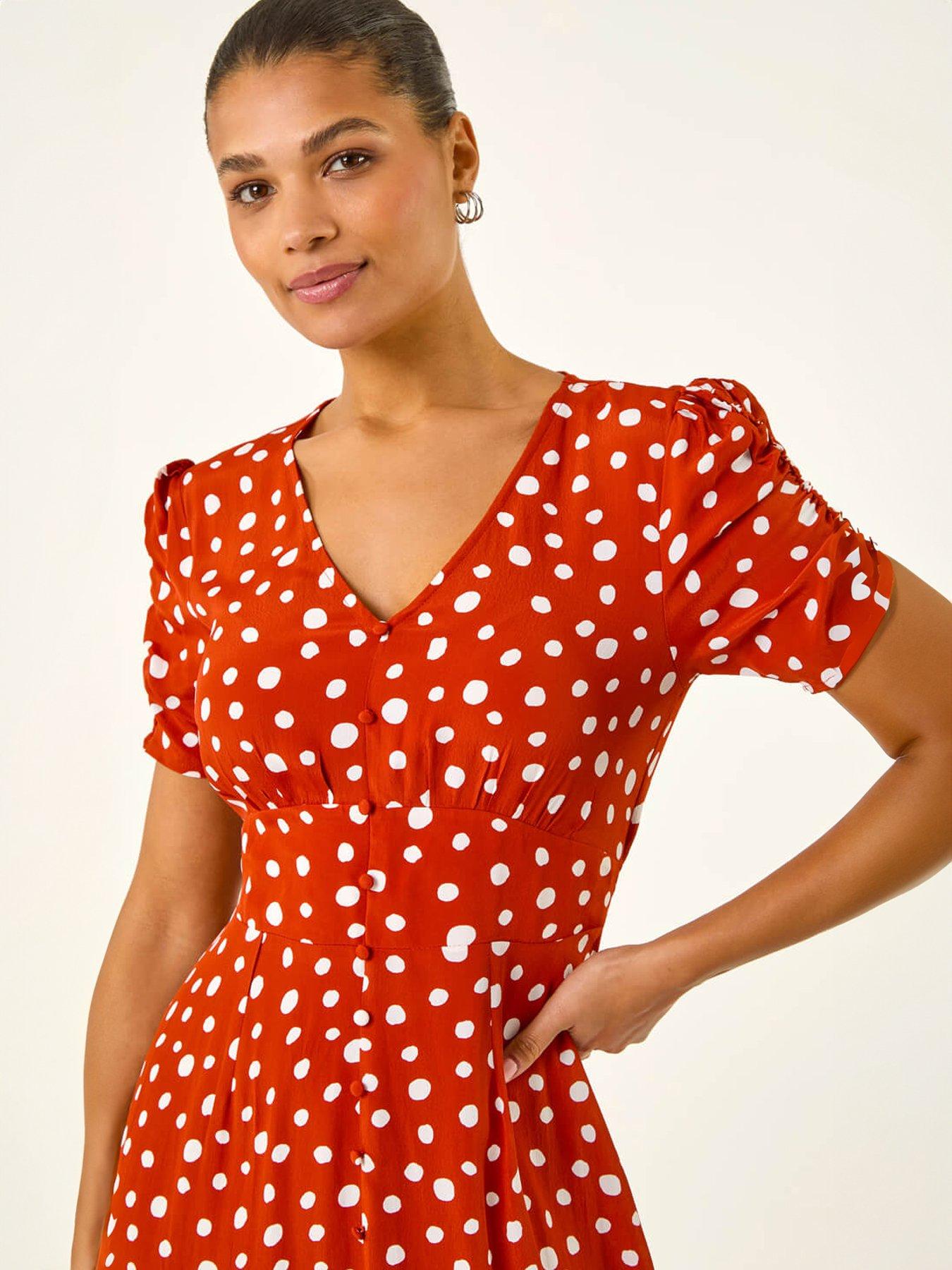 roman-polka-dot-ruched-sleeve-midi-dressoutfit