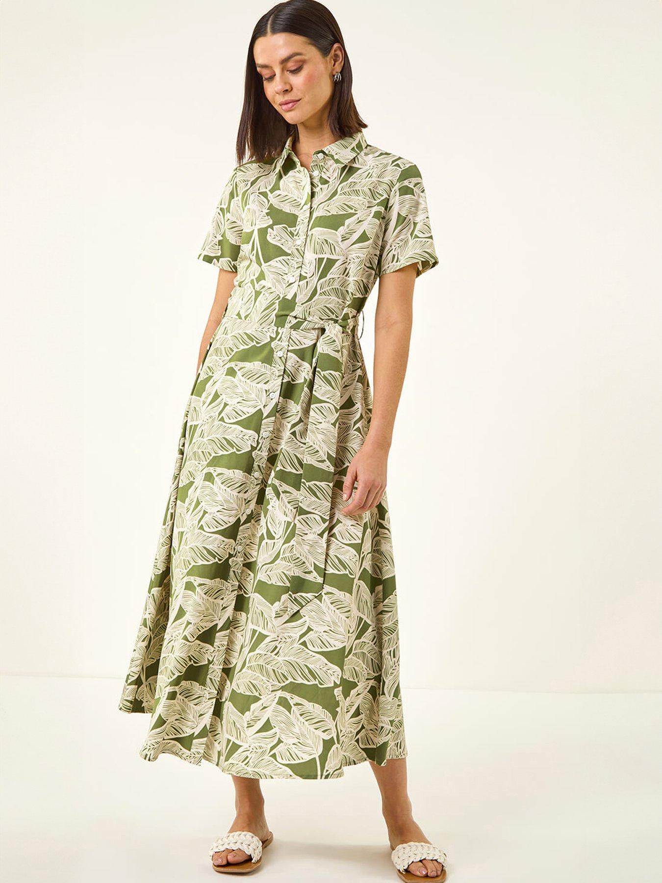 Image 1 of 5 of Roman Leaf Print Belted Shirt Dress