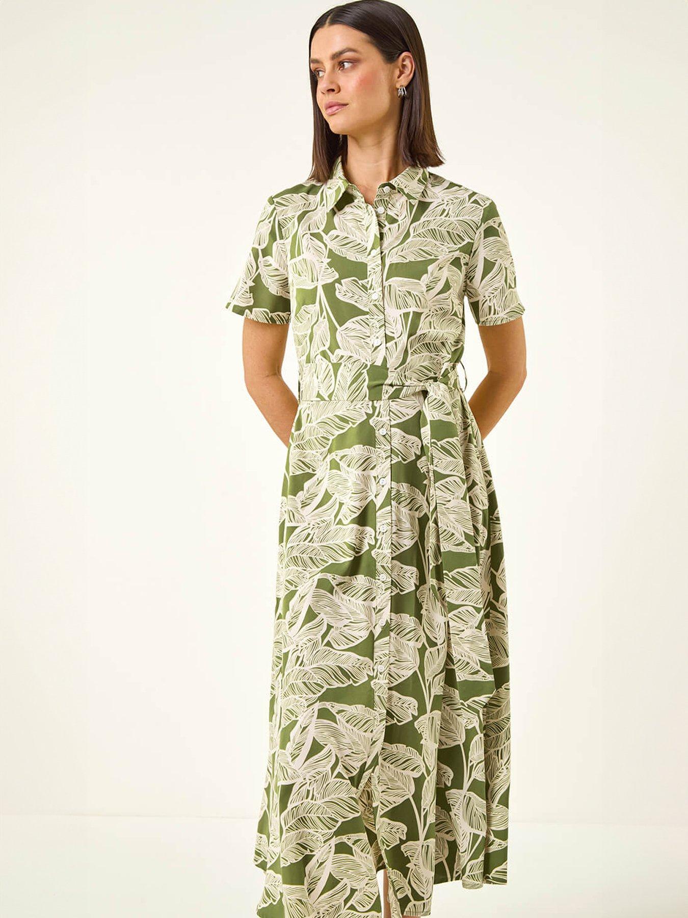 Image 4 of 5 of Roman Leaf Print Belted Shirt Dress