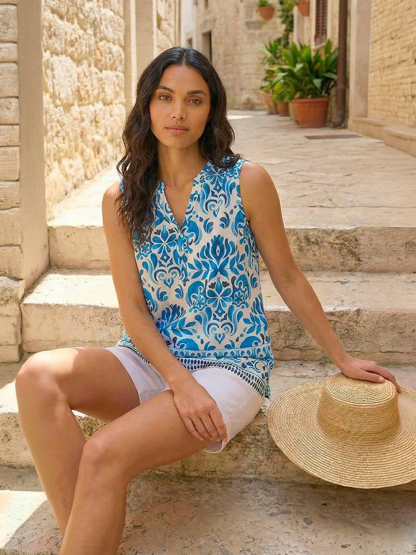 Image 1 of 1 of Roman Floral Border Print V-neck Top