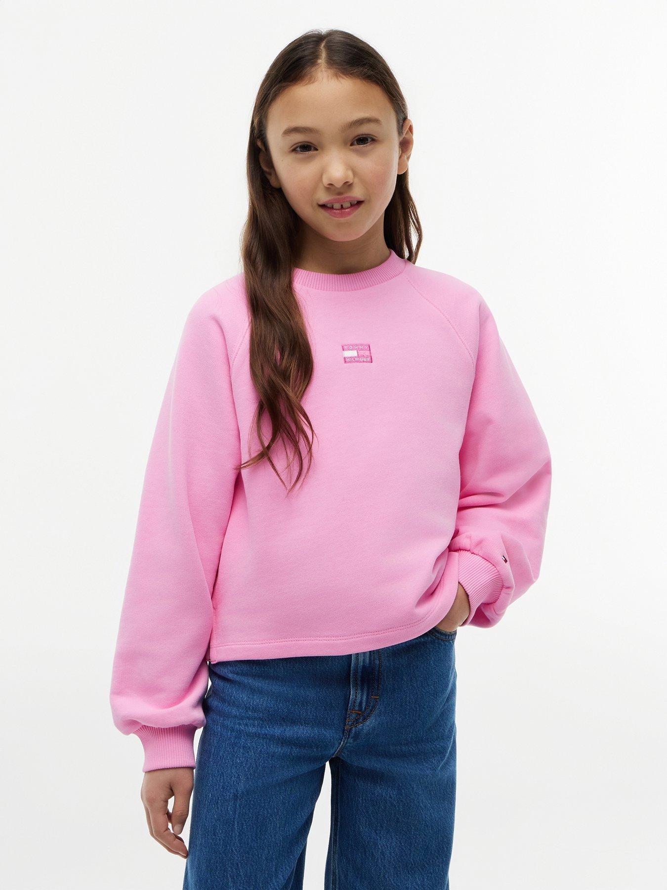 Tommy Hilfiger Girls Tonal Flag Raglan Crew Neck Sweat Top - Pink