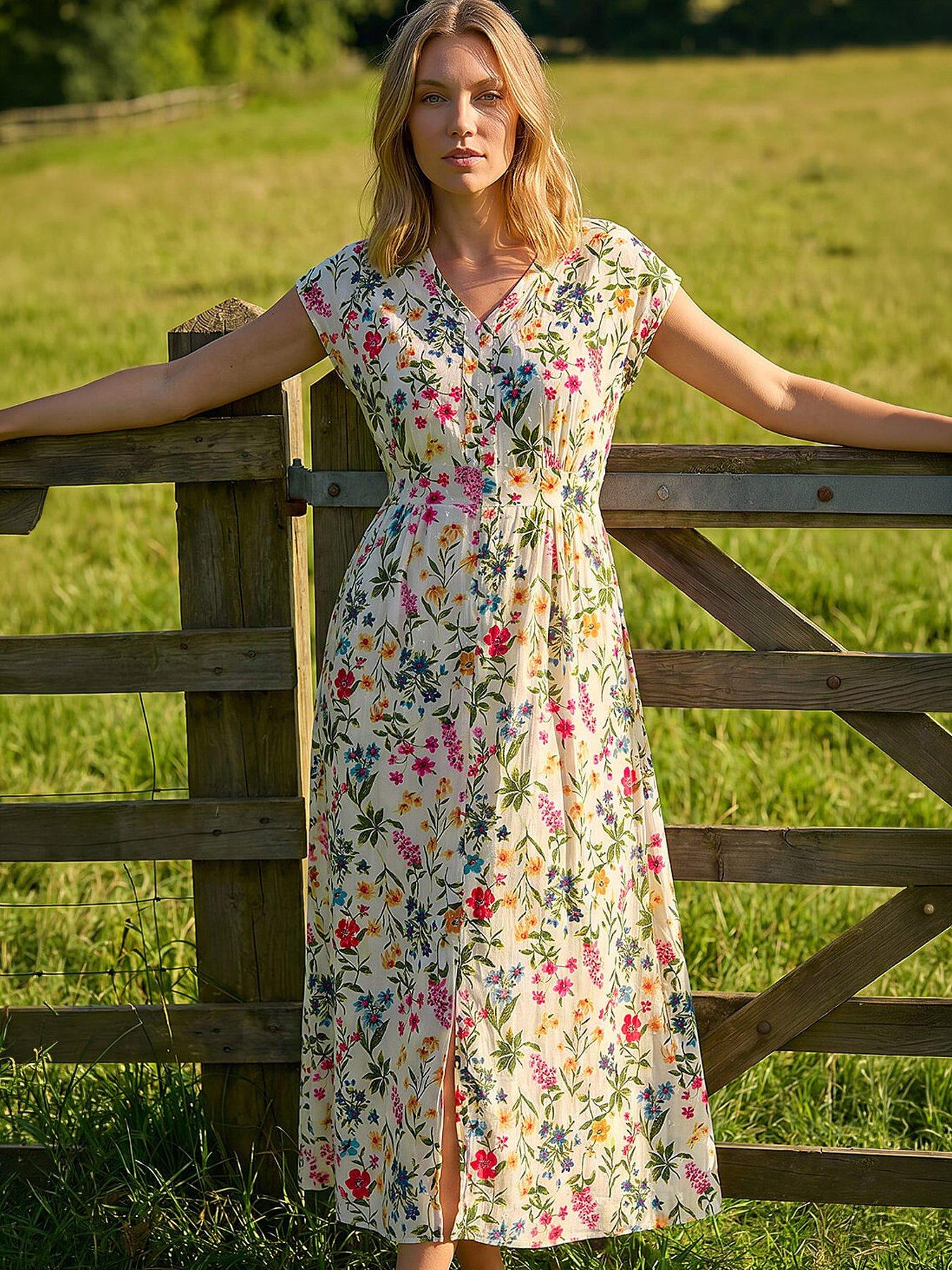 Image 1 of 5 of Roman Floral Print Textured Midi Dress