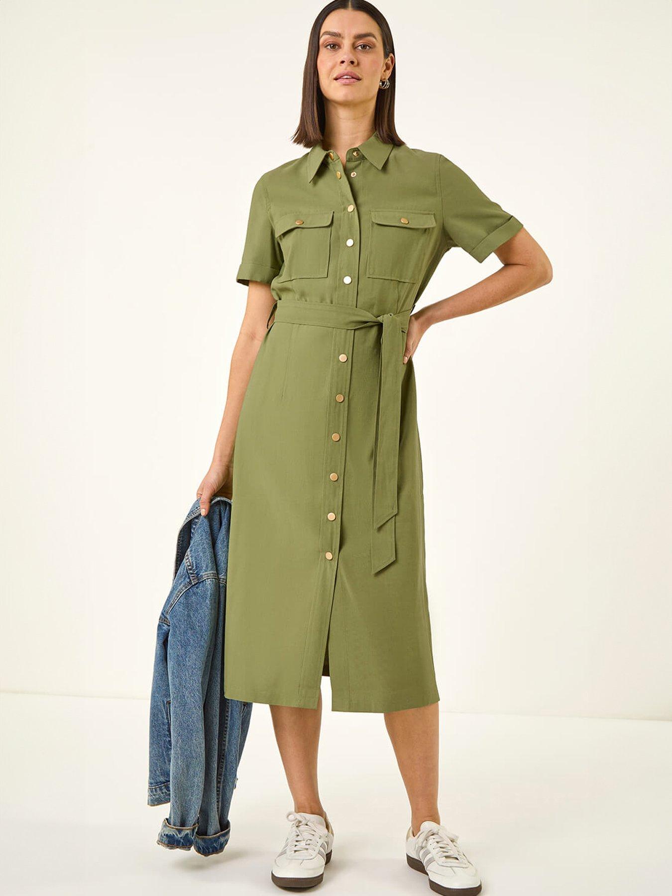 Image 3 of 5 of Roman Button Belted Collared Shirt Dress