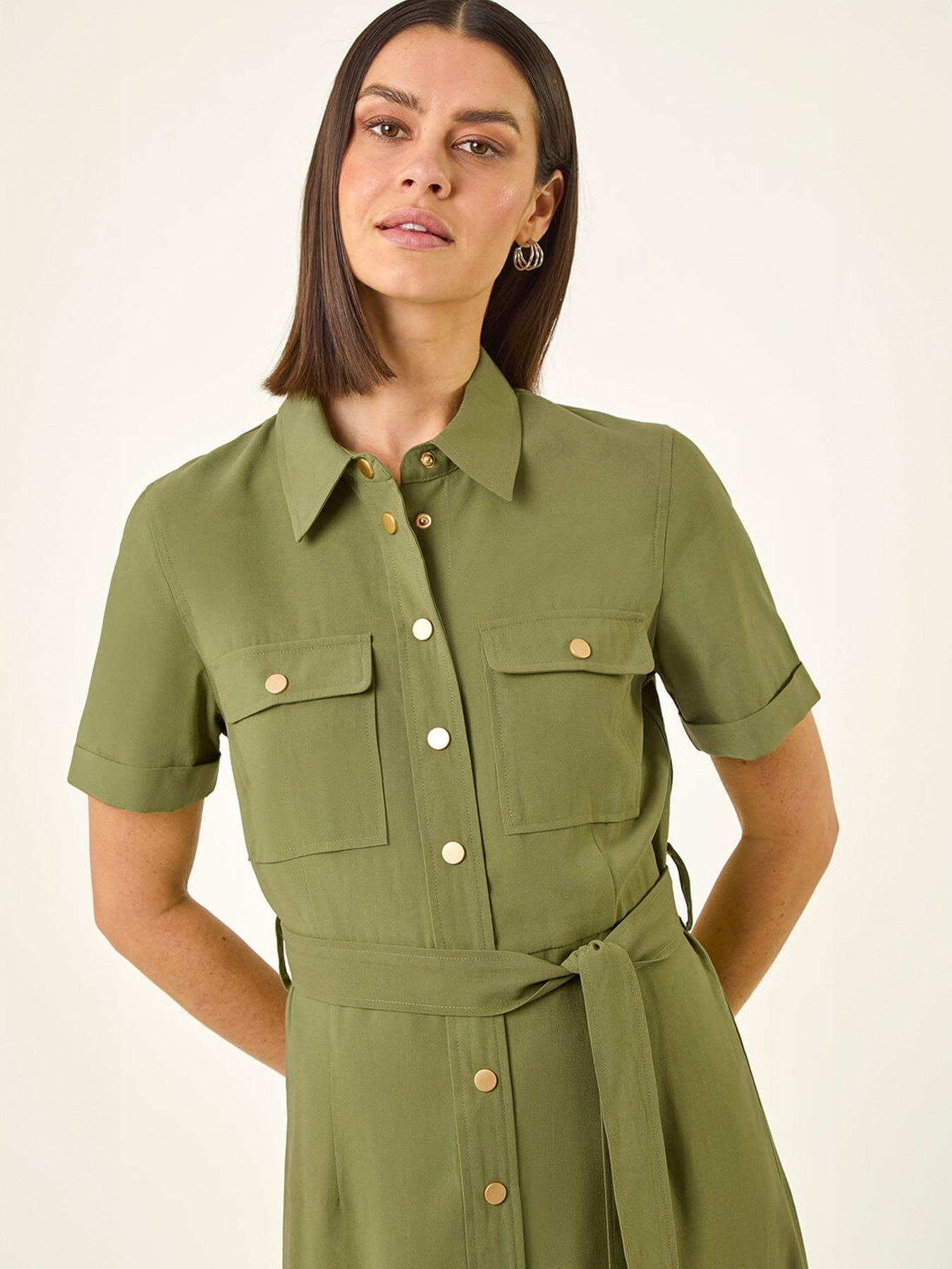 Image 4 of 5 of Roman Button Belted Collared Shirt Dress