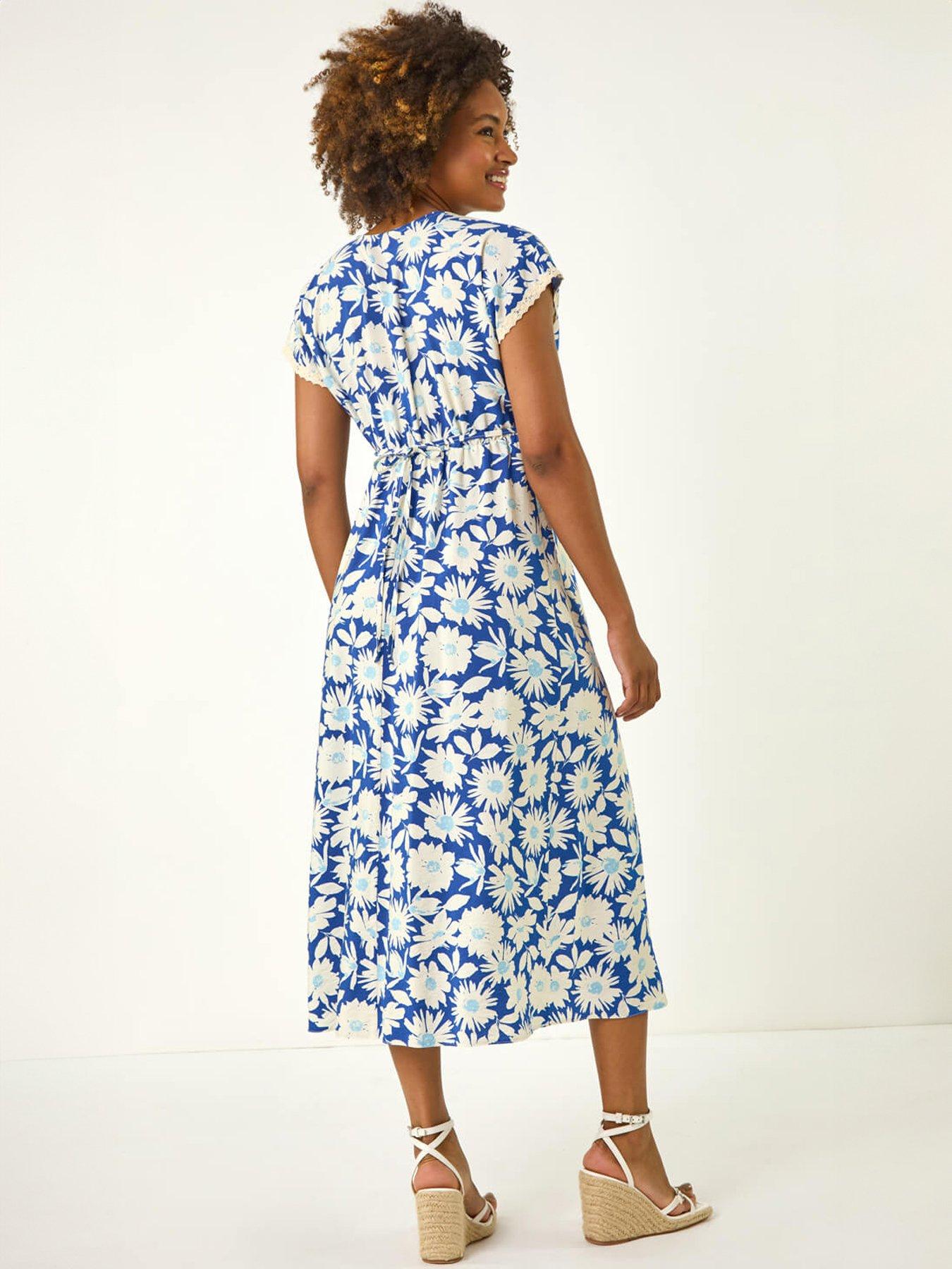 Image 2 of 5 of Roman Daisy Print Lace Trim Midi Dress