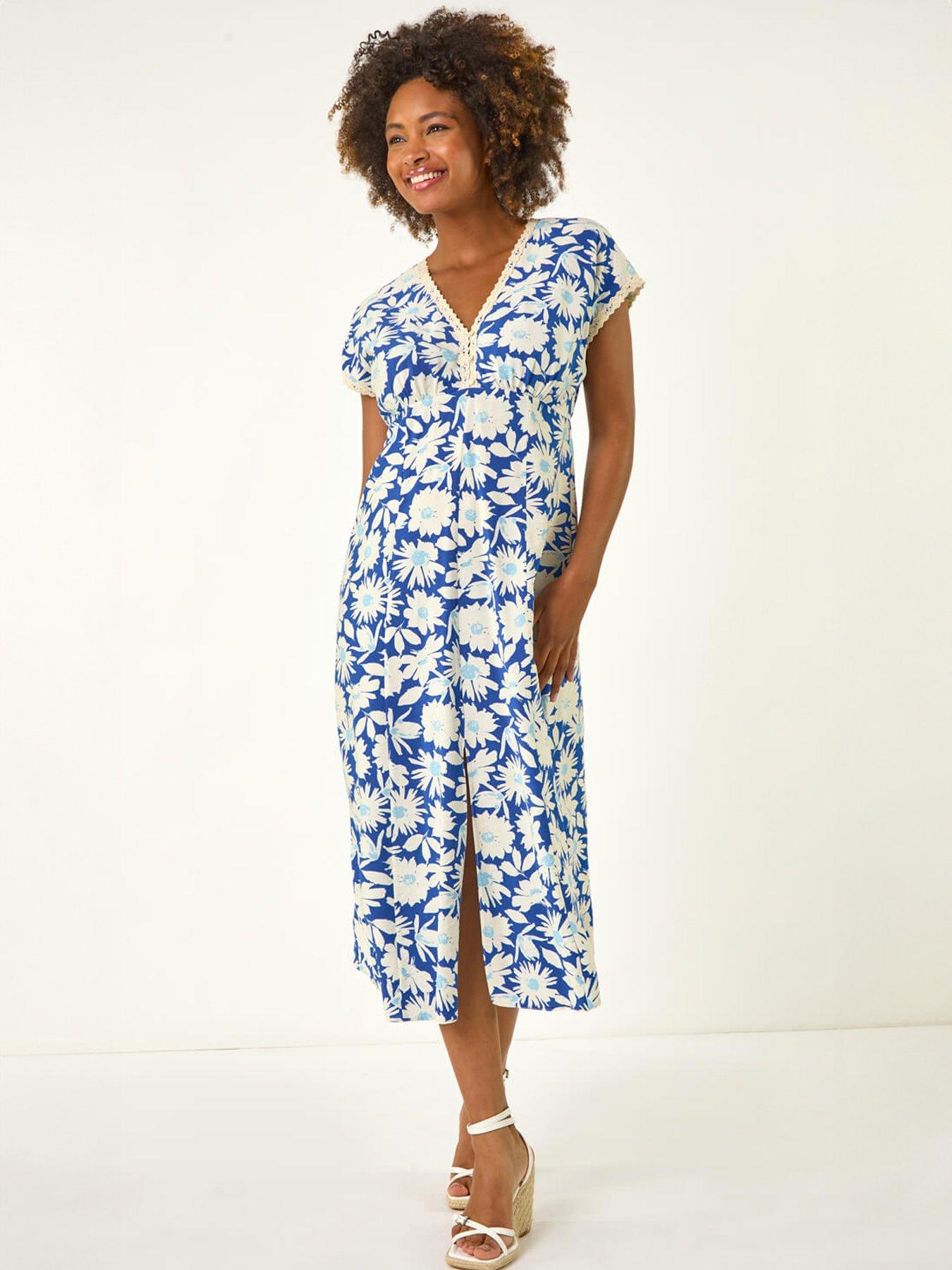 Image 3 of 5 of Roman Daisy Print Lace Trim Midi Dress