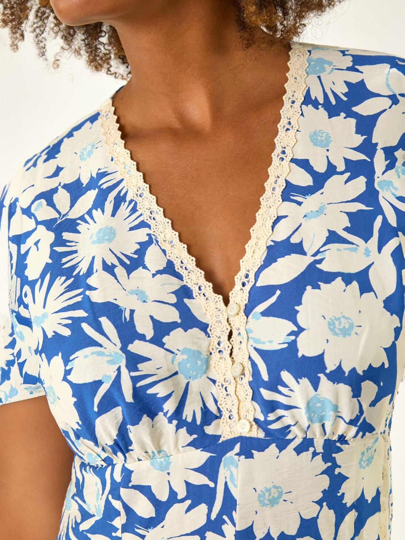 Image 5 of 5 of Roman Daisy Print Lace Trim Midi Dress
