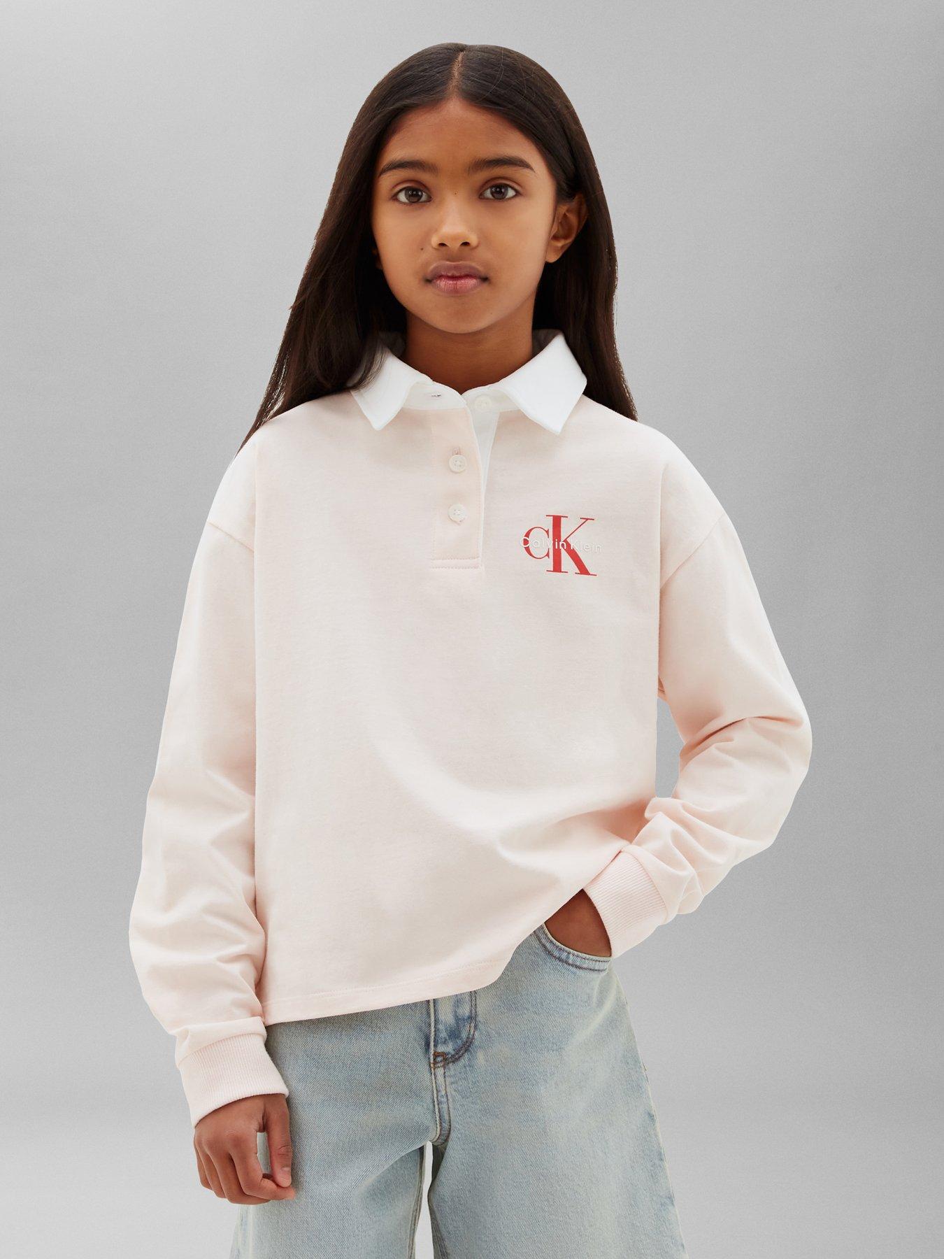Image 1 of 5 of Calvin Klein Jeans Girls Mini Me Monologo Long Sleeve Rugby Top - Pink