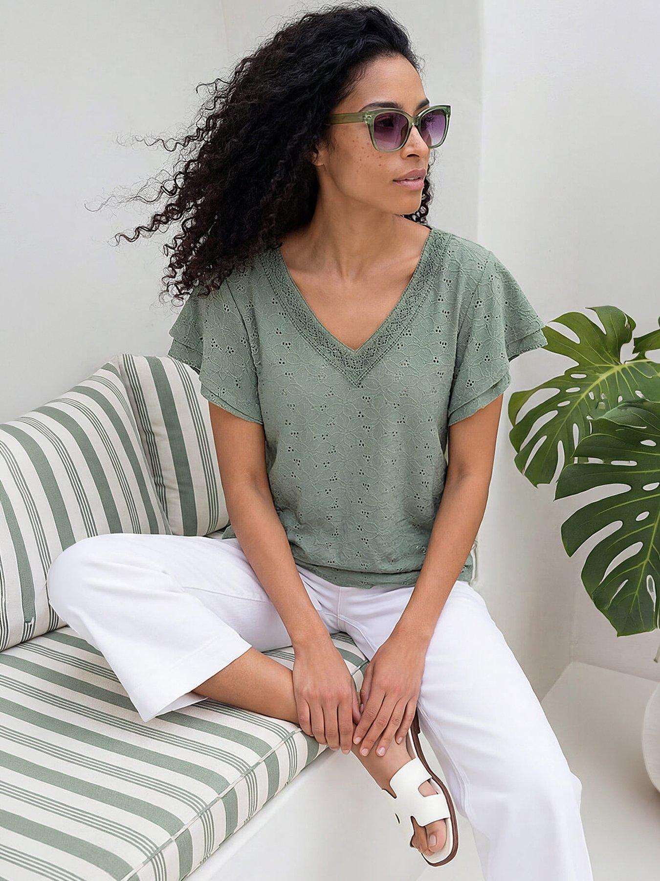 Image 1 of 5 of Roman Broderie Detail V-neck Stretch Top
