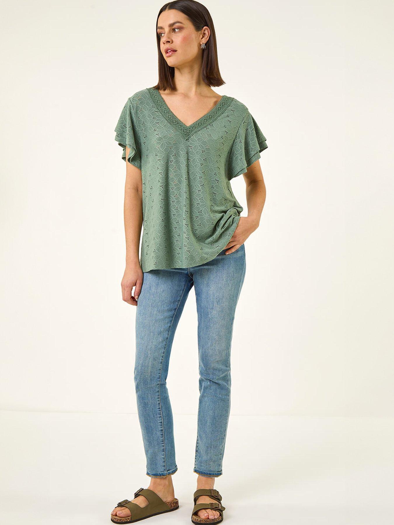 Image 3 of 5 of Roman Broderie Detail V-neck Stretch Top