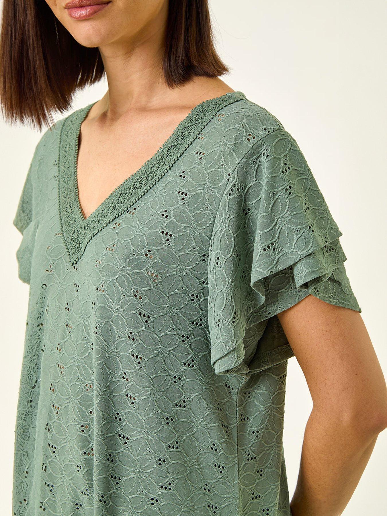 Image 5 of 5 of Roman Broderie Detail V-neck Stretch Top
