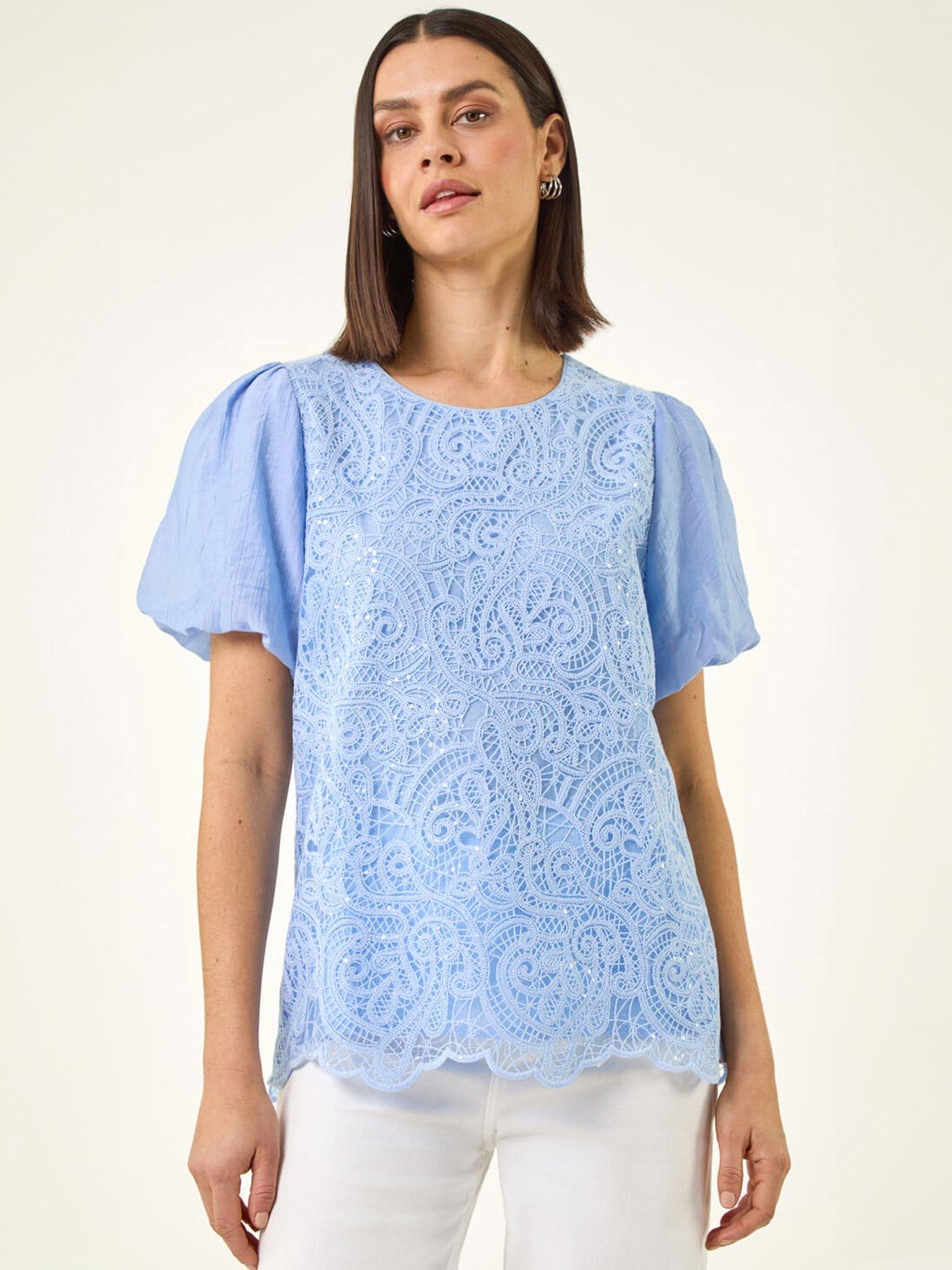 Image 1 of 5 of Roman Panelled Lace Puff Sleeve Top