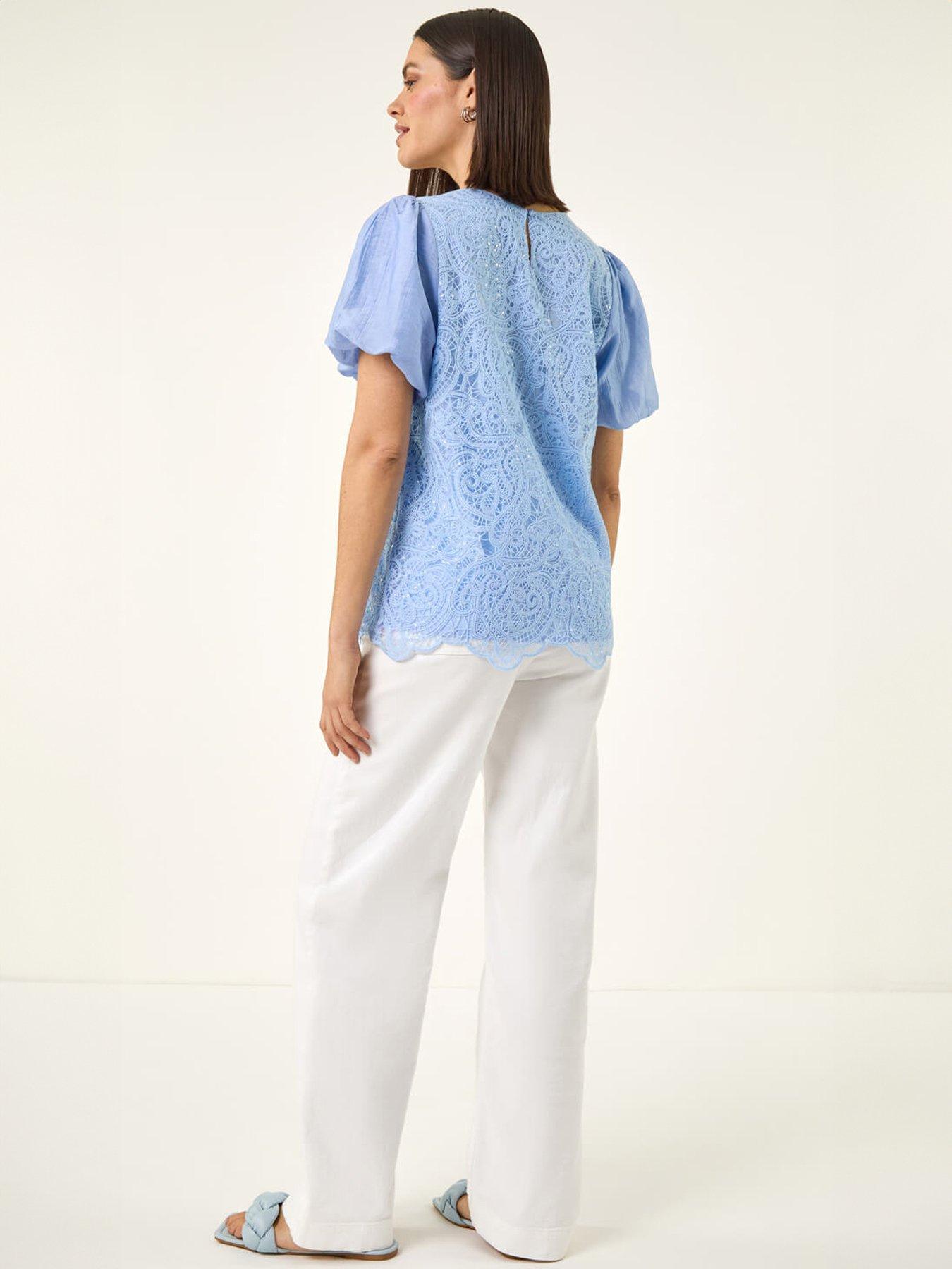 Image 2 of 5 of Roman Panelled Lace Puff Sleeve Top