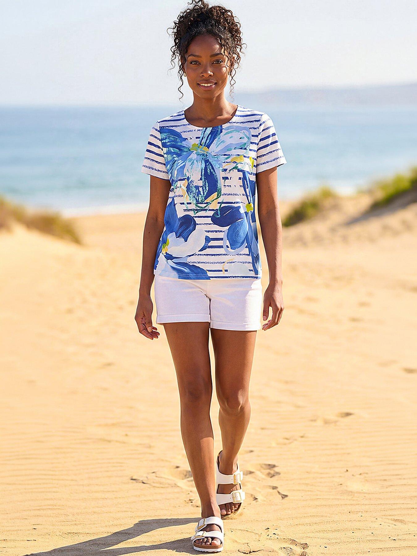 Roman Floral Stripe Print Stretch Top