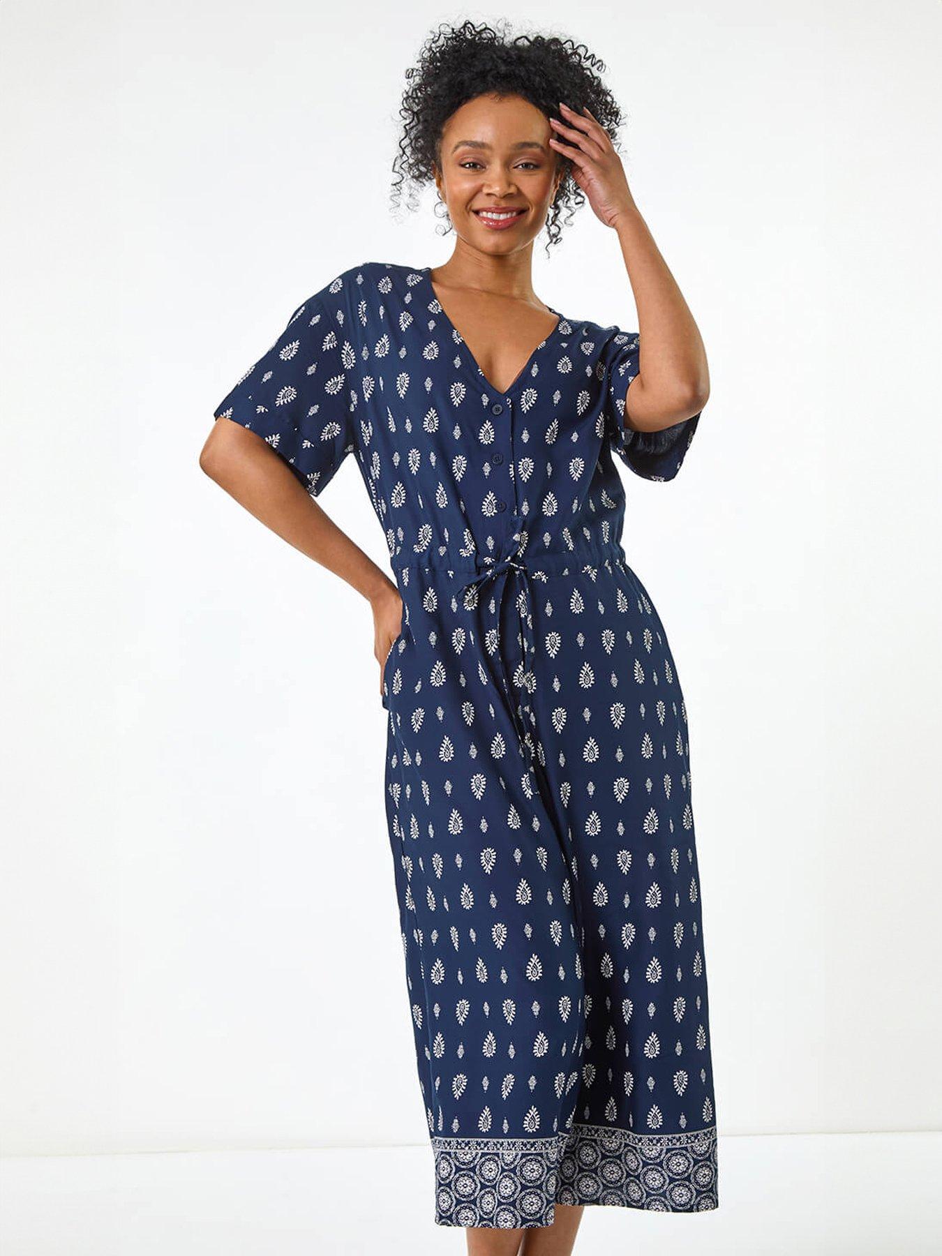 Image 3 of 5 of Roman Petite Print V-neck Cropped Jumpsuit