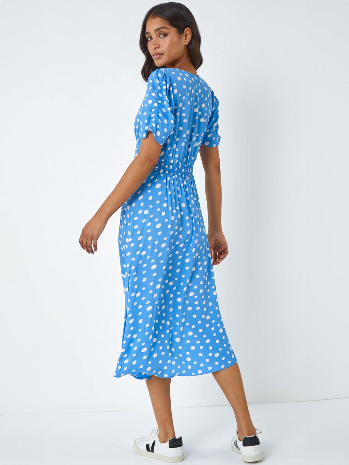 Image 2 of 5 of Roman Polka Dot Ruched Sleeve Midi Dress