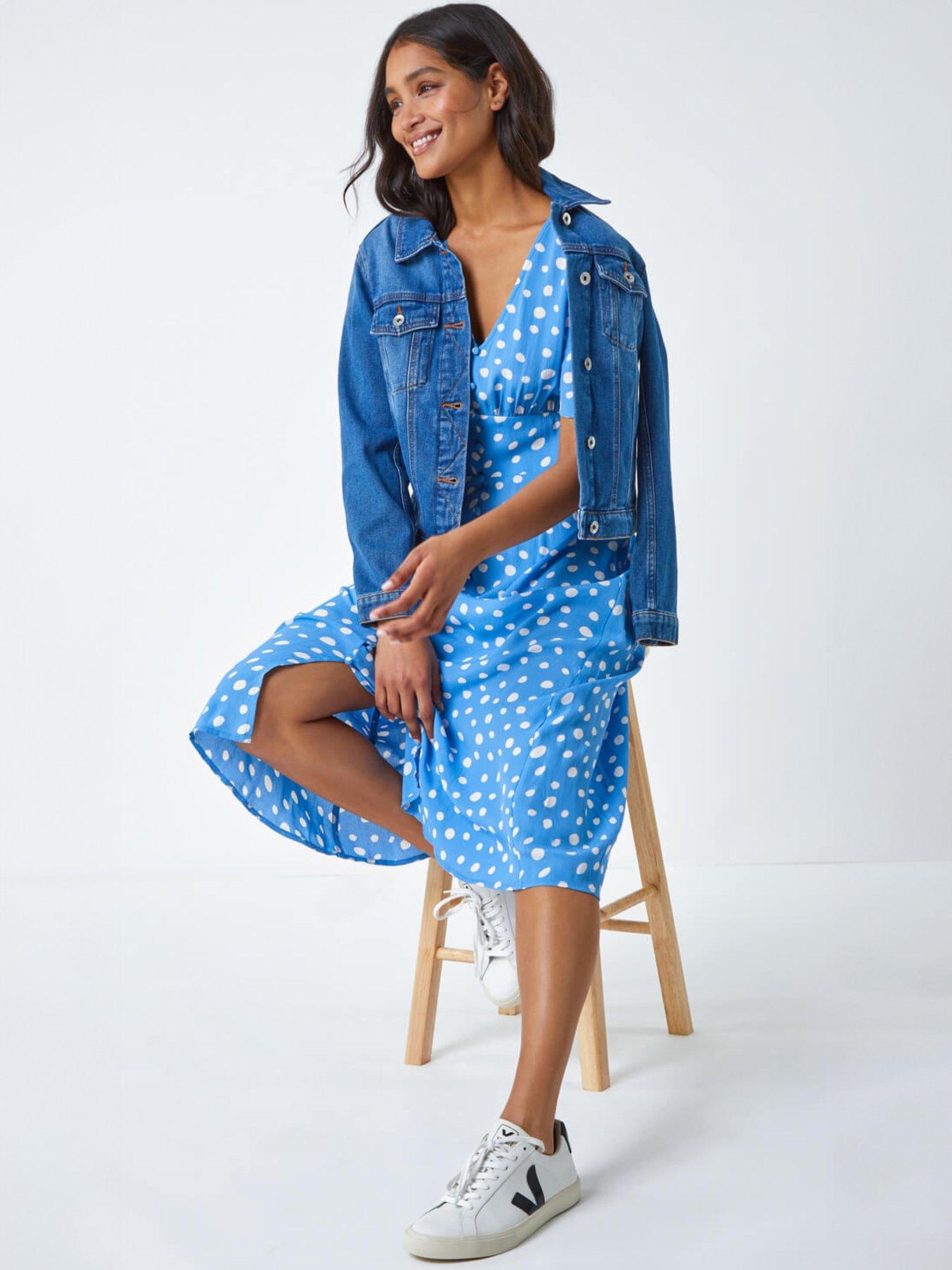 Image 3 of 5 of Roman Polka Dot Ruched Sleeve Midi Dress