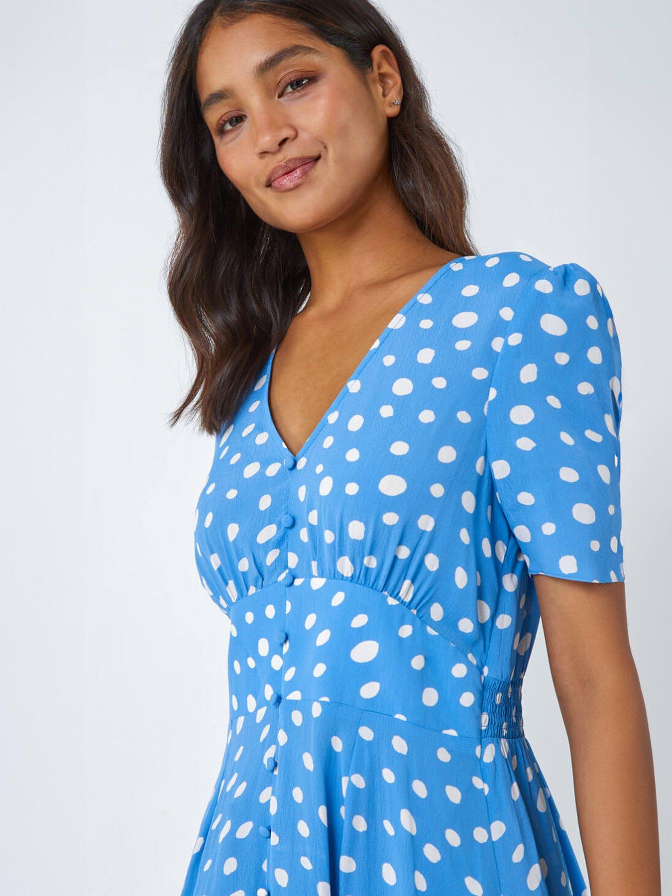Image 4 of 5 of Roman Polka Dot Ruched Sleeve Midi Dress