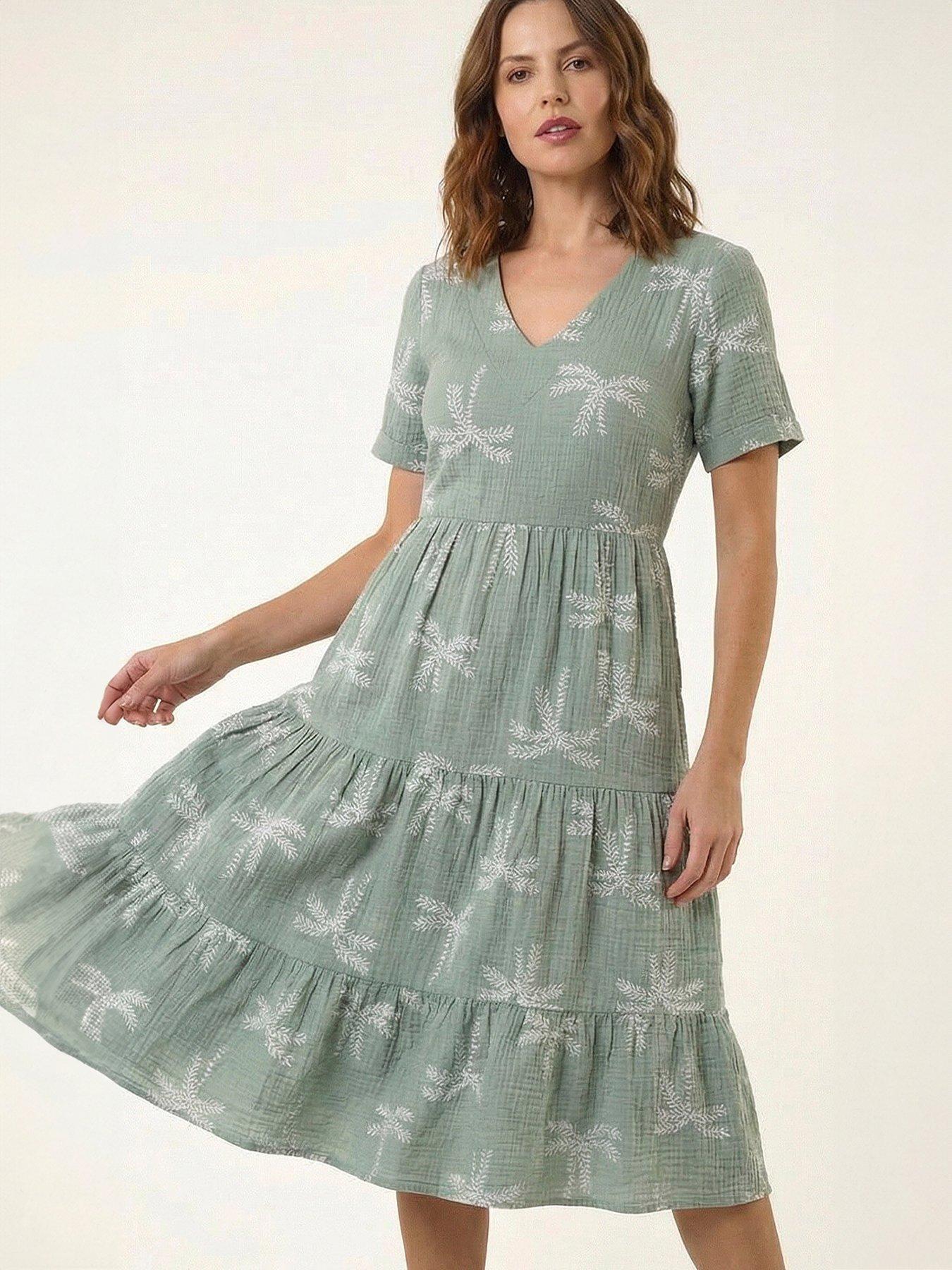 Image 4 of 5 of Roman Palm Print Textured Midi Dress