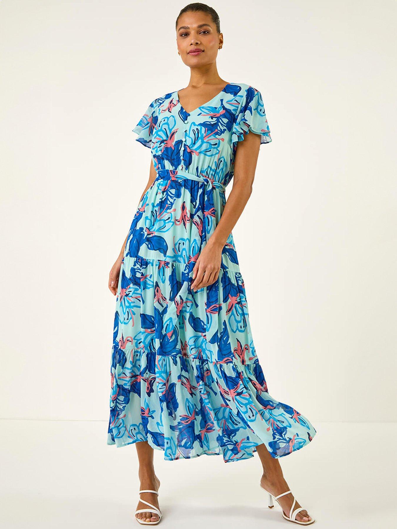 Roman Floral Tiered Tie Waist Midi Dress