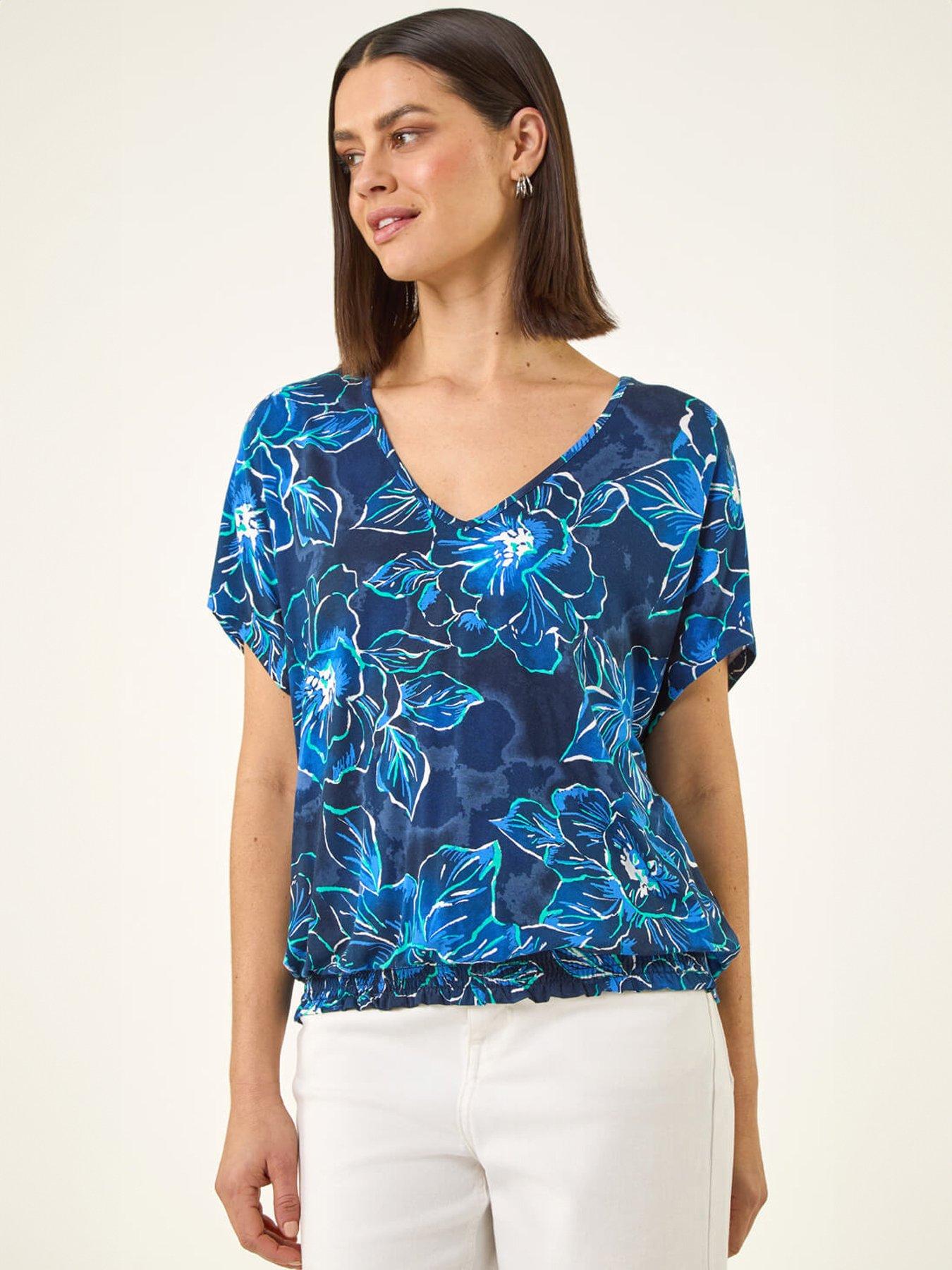 Roman Floral Print V-neck Stretch Top