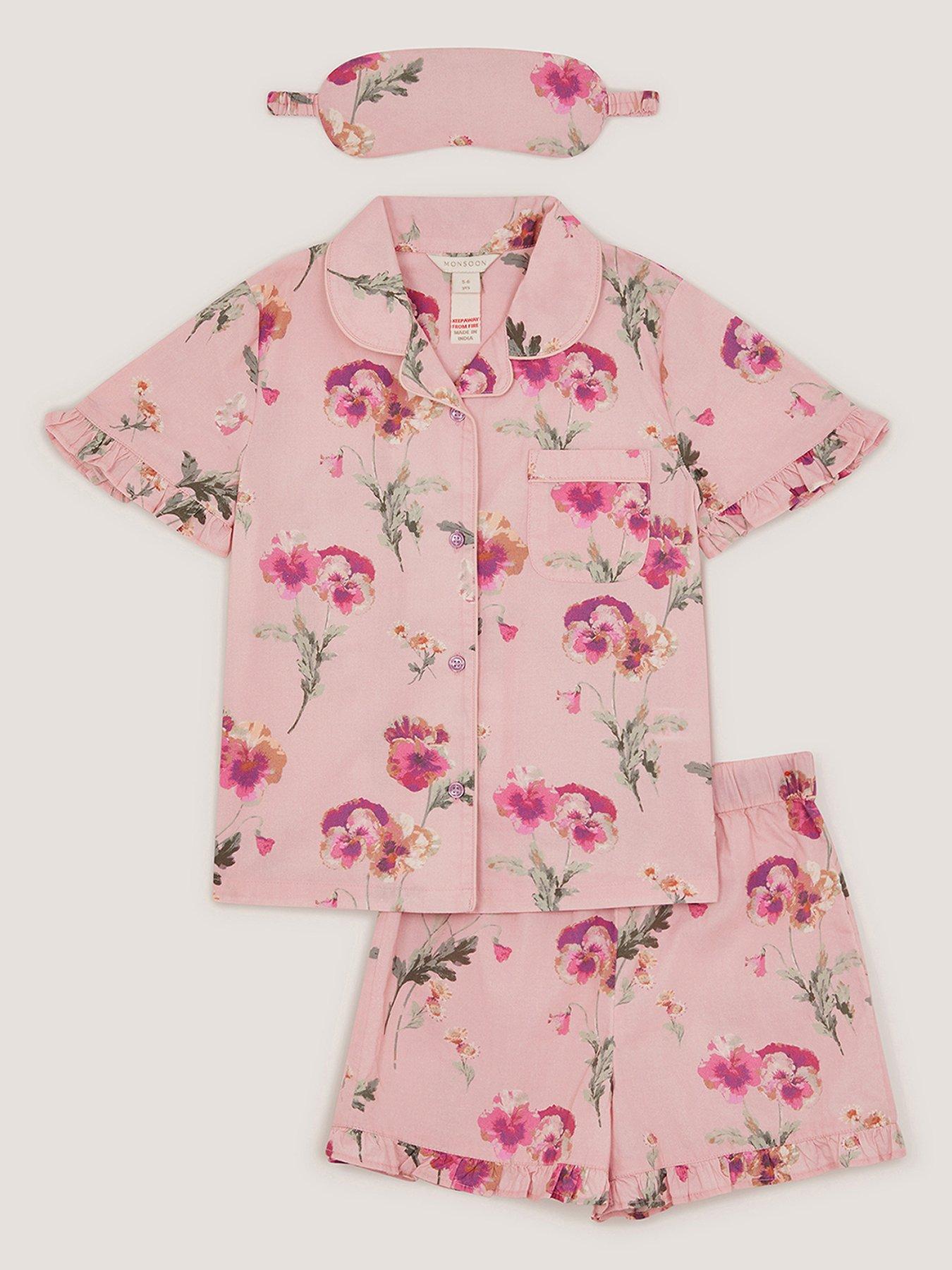 Image 1 of 3 of Monsoon Girls Pansy Woven Print Pyjamas With Eye Mask - Pink