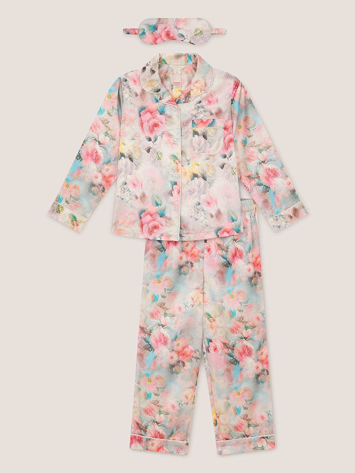 Monsoon Girls Satin Long Watercolour Flower Pyjamas With Eye Mask - Multi
