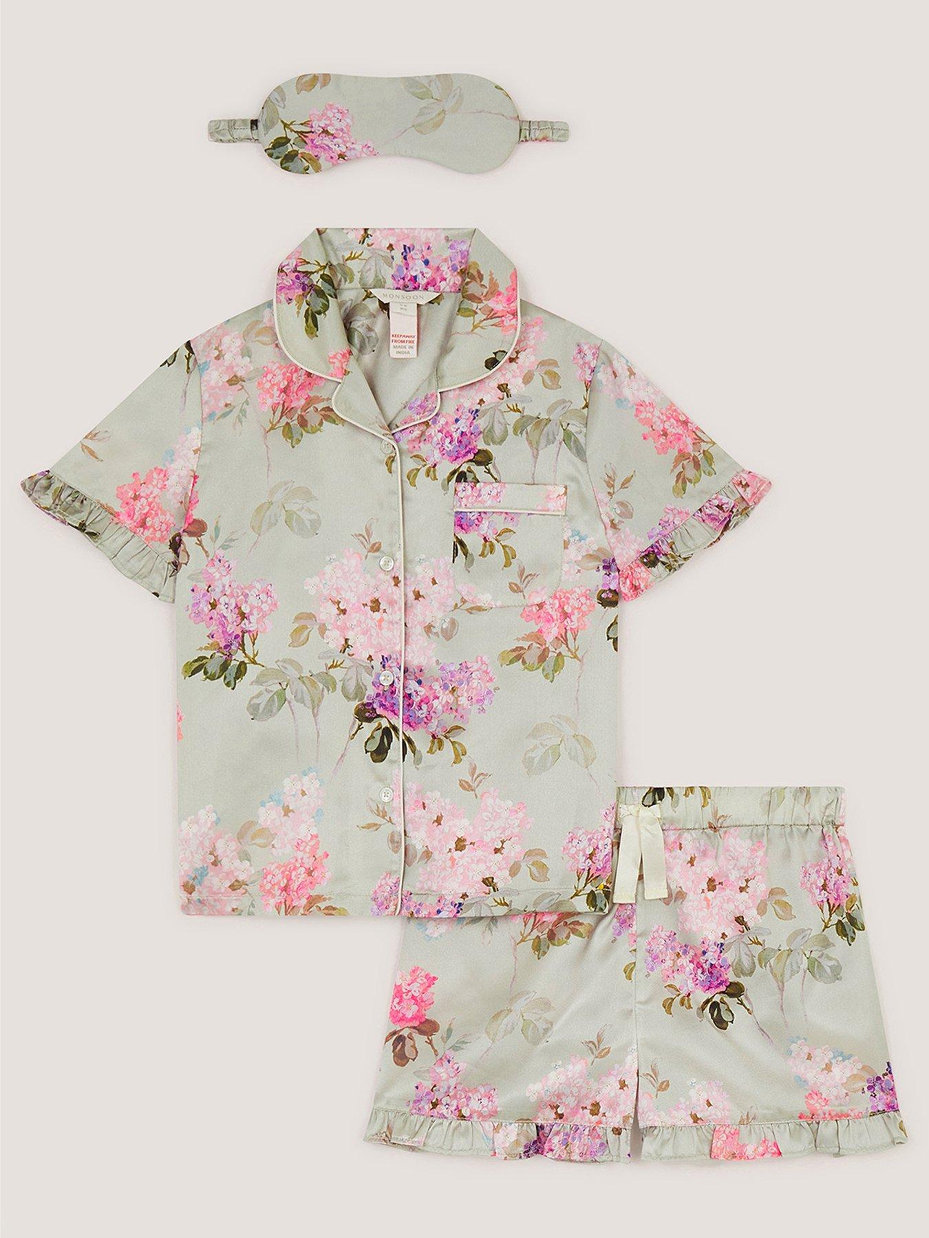 monsoon-girls-satin-short-print-pyjamas-greenfront