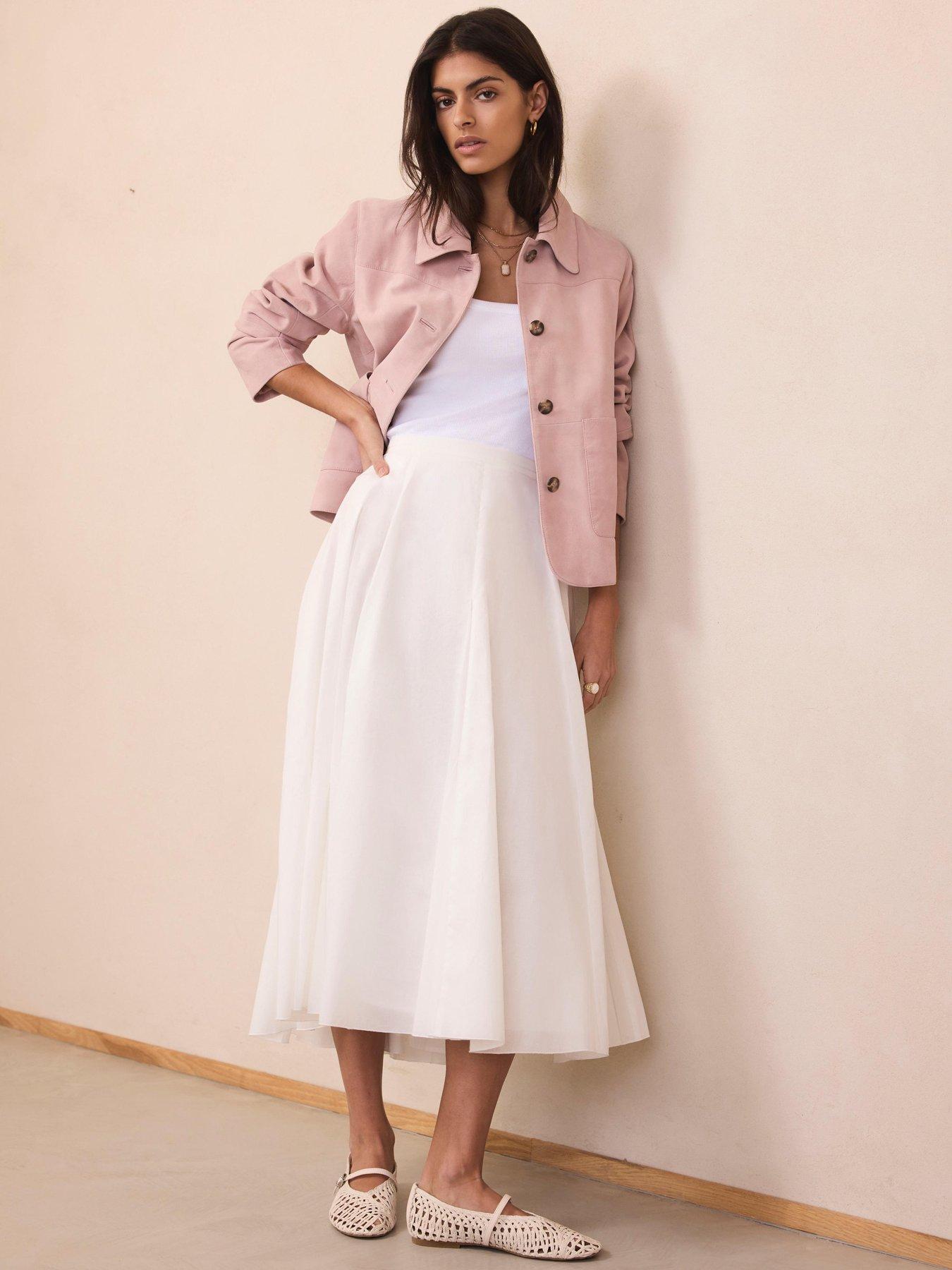 Image 1 of 6 of Mint Velvet Full Cotton Midi Skirt - White