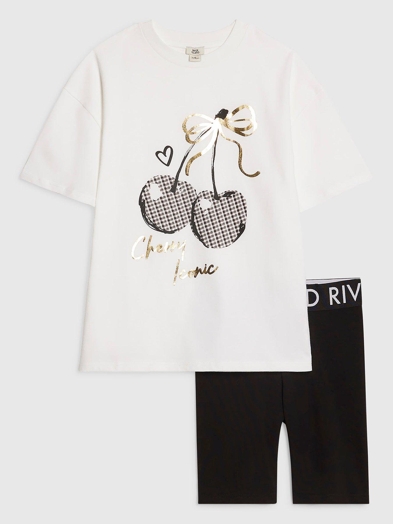 River Island Older Girls Cherry T-Shirt Cycle Shorts Set - White