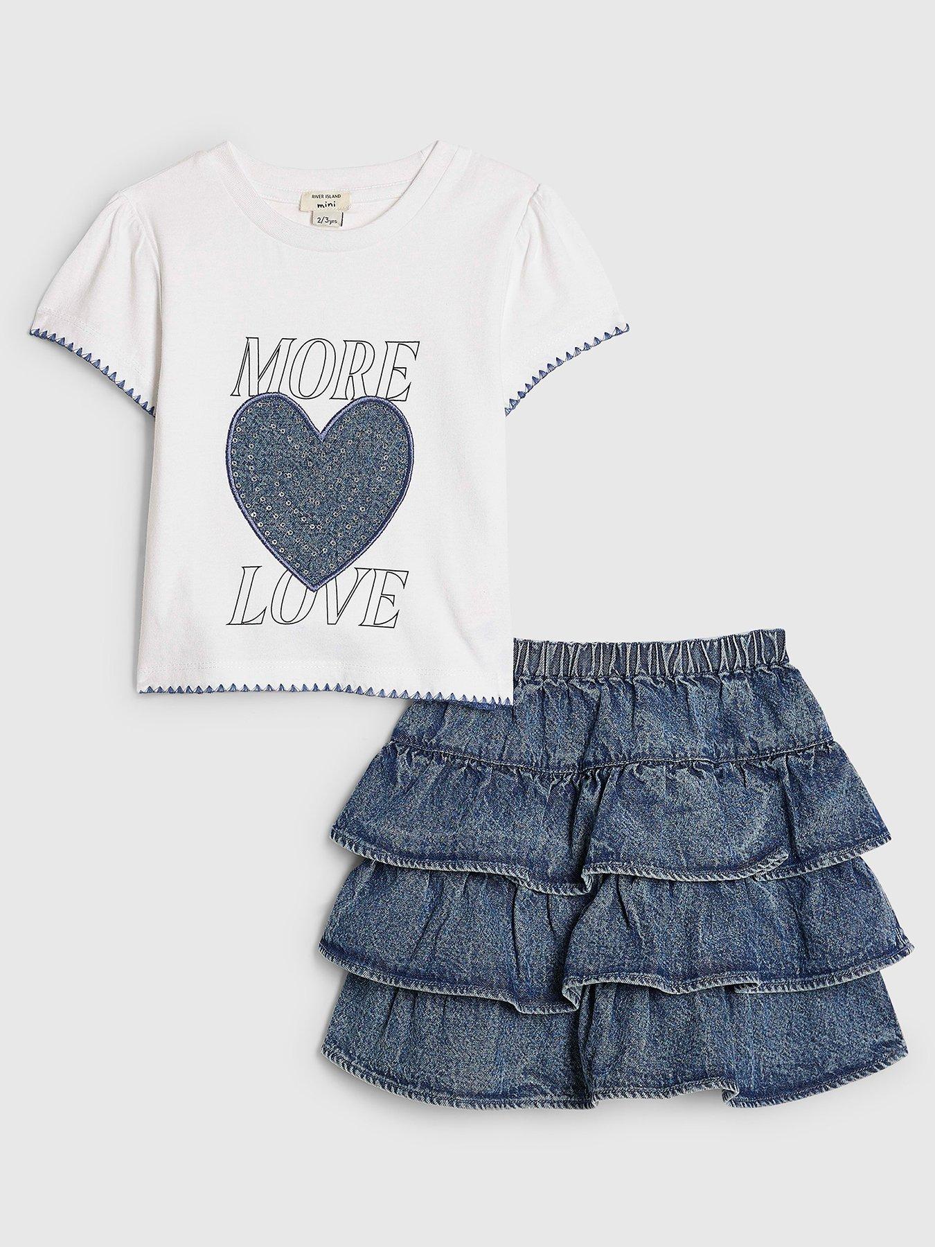 River Island Mini Girls Heart T-Shirt And Denim Skirt Set - White - Blue