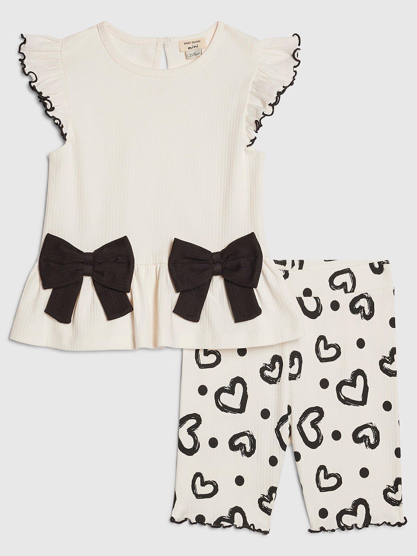 River Island Mini Girls Peplum Heart Bow Rib Shorts Set - Cream