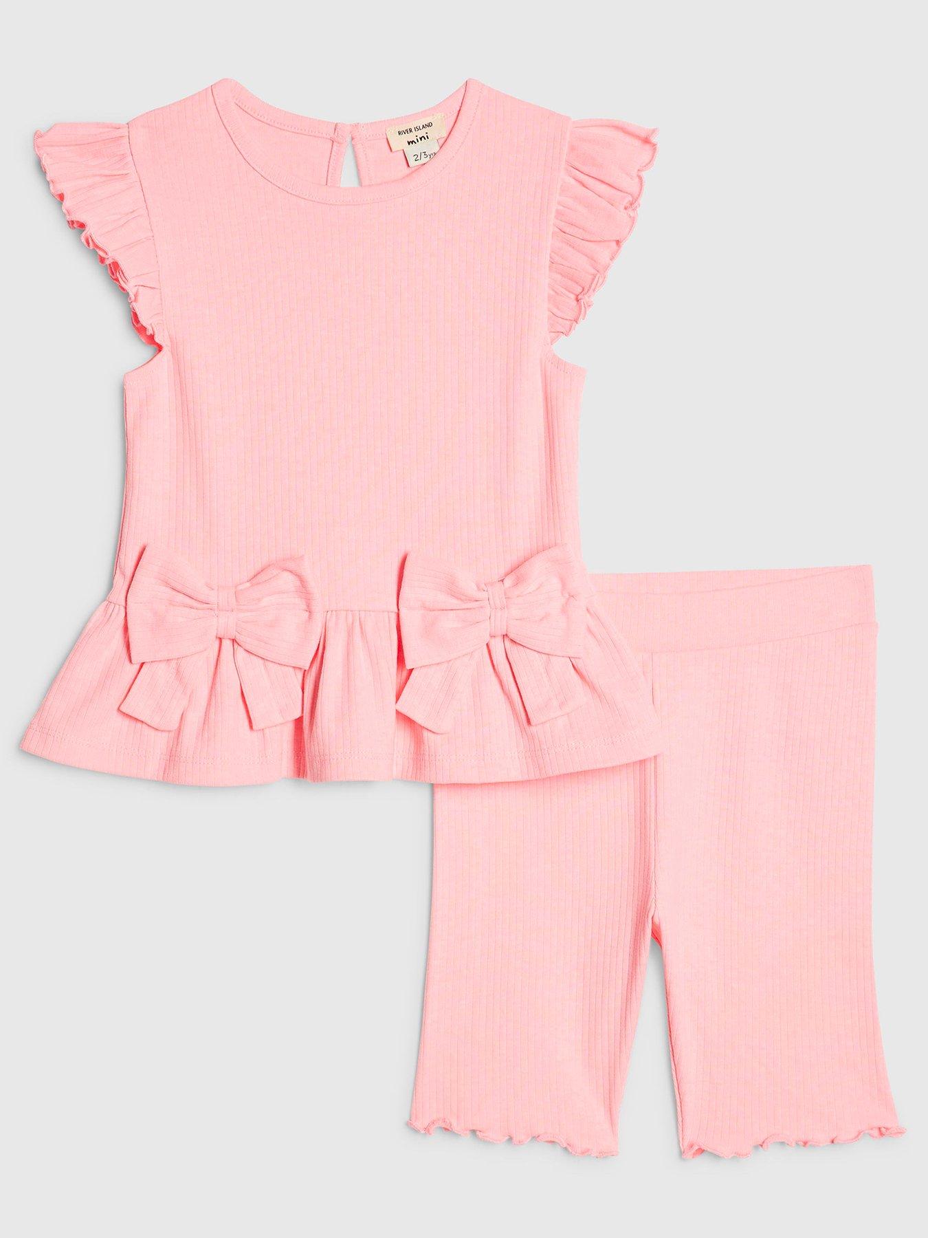 River Island Mini Girls Peplum Bow Rib Shorts Set - Pink
