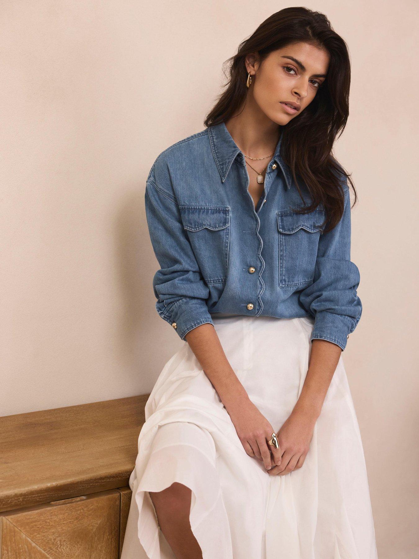 Image 1 of 6 of Mint Velvet Indigo Denim Scallop Top - Blue