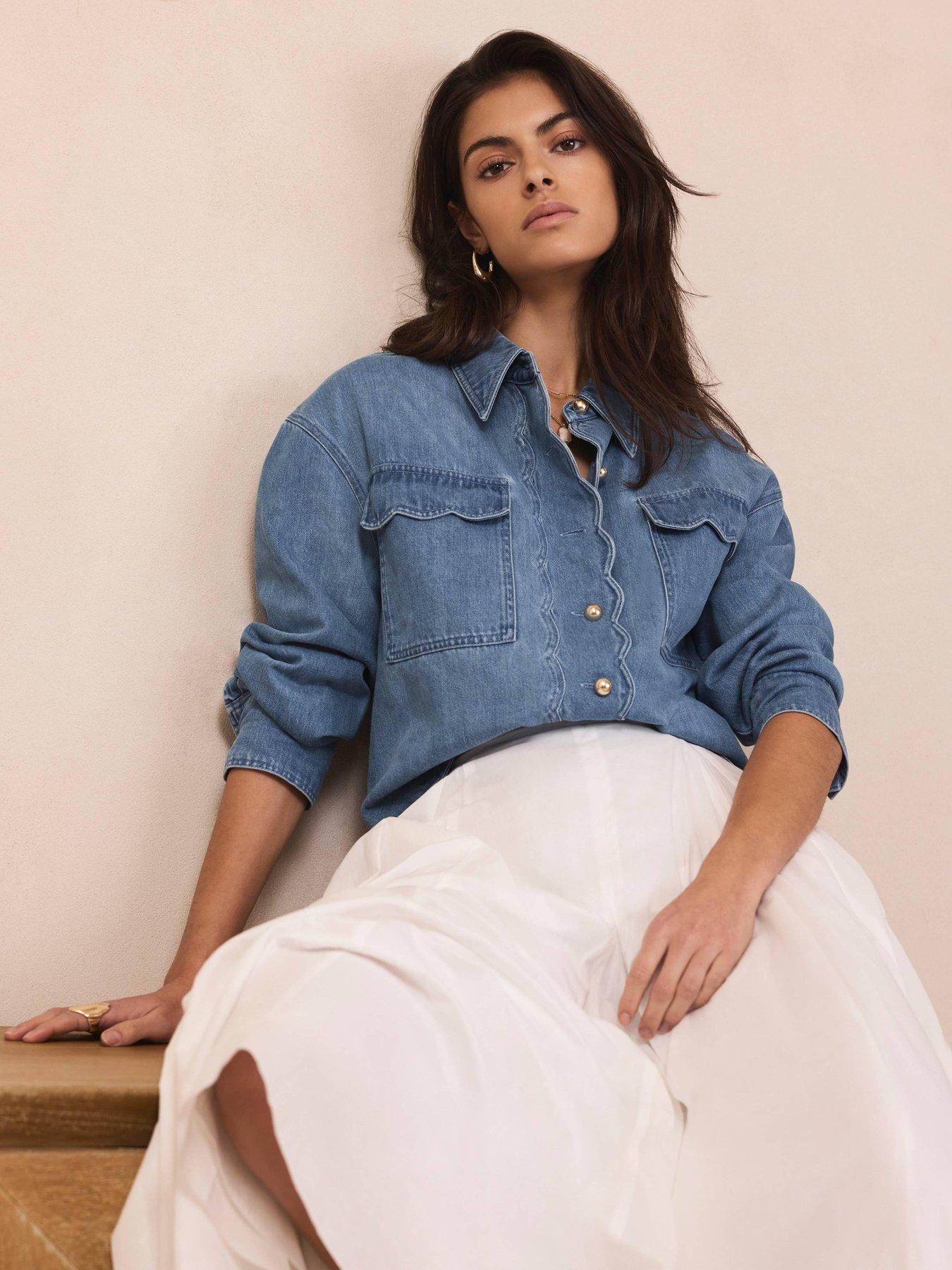 Image 2 of 6 of Mint Velvet Indigo Denim Scallop Top - Blue