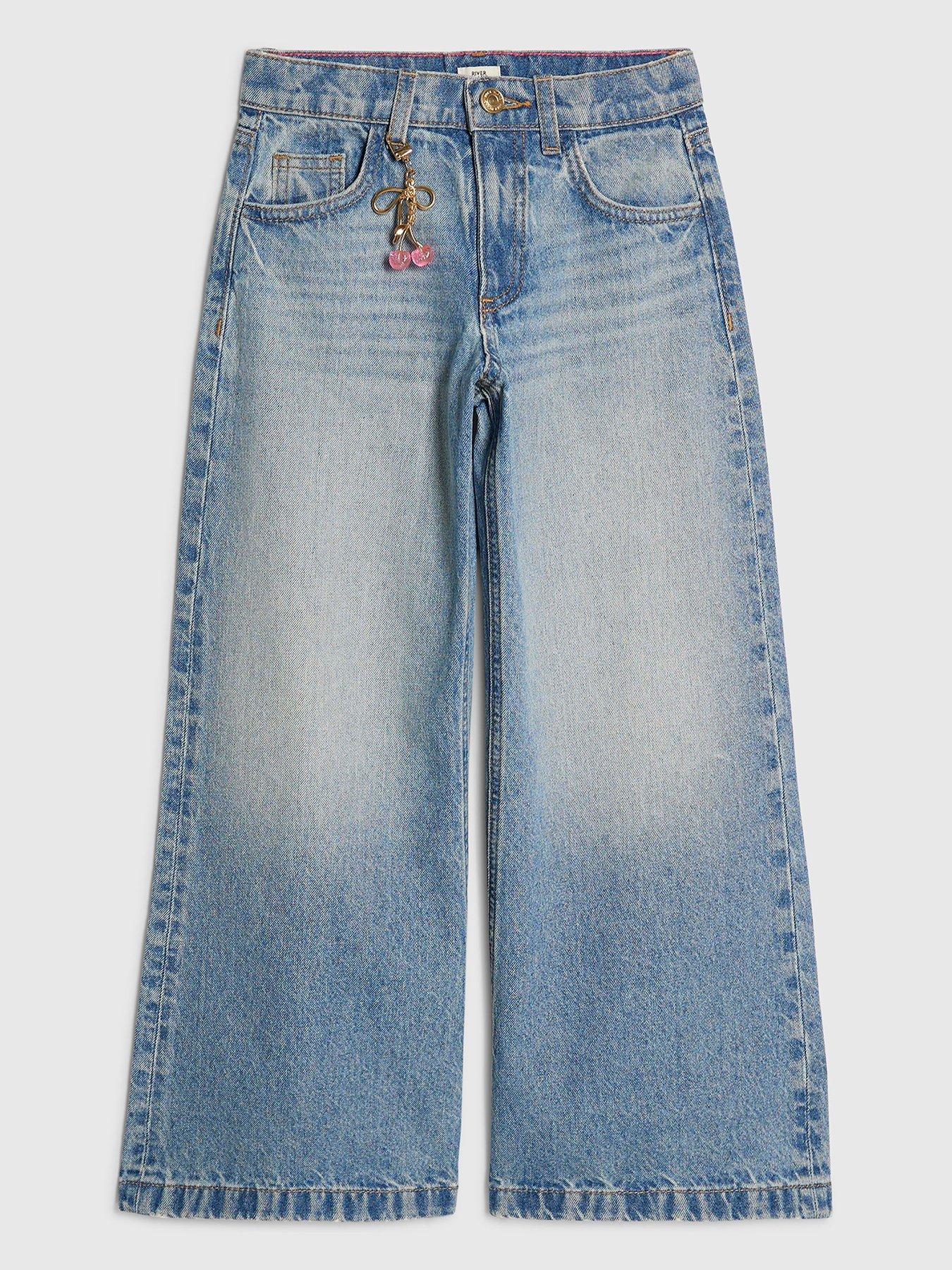 River Island Older Girls Wide Leg Jeans with Cherry Charm - Blue