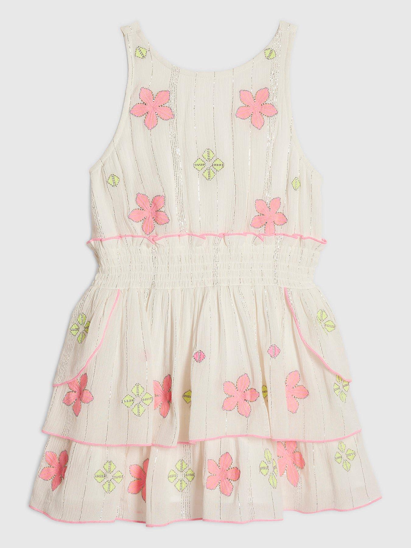 River Island Older Girls Floral Embroidered Scallop Dress - White