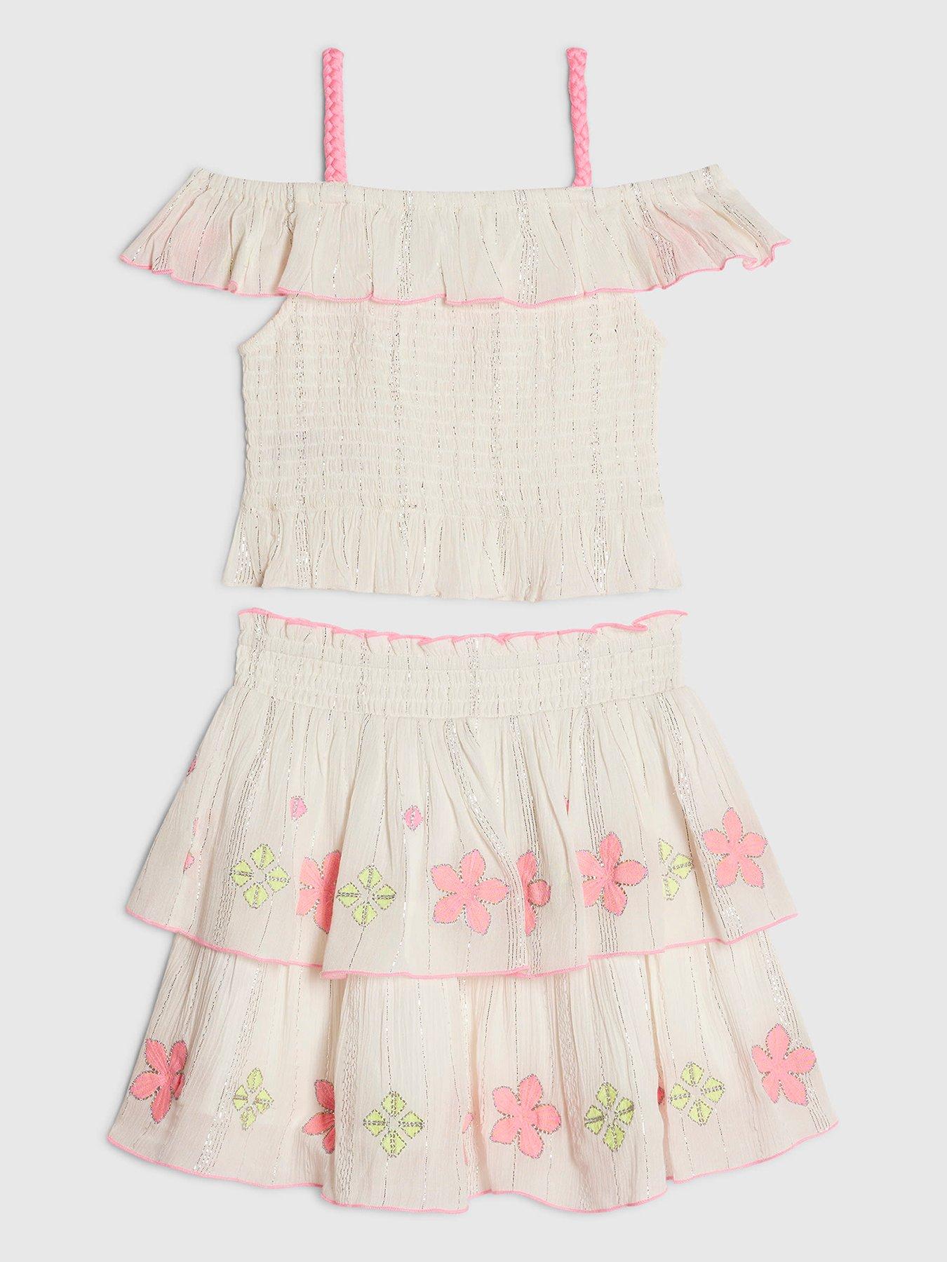 Image 2 of 4 of River Island Older Girls Floral Bardot Top And Skirt Set - Cream