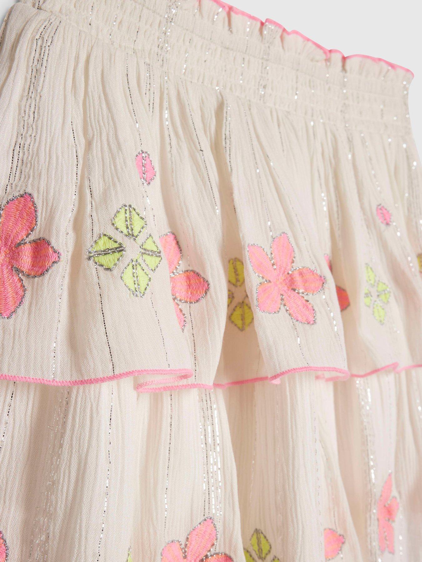 Image 4 of 4 of River Island Older Girls Floral Bardot Top And Skirt Set - Cream