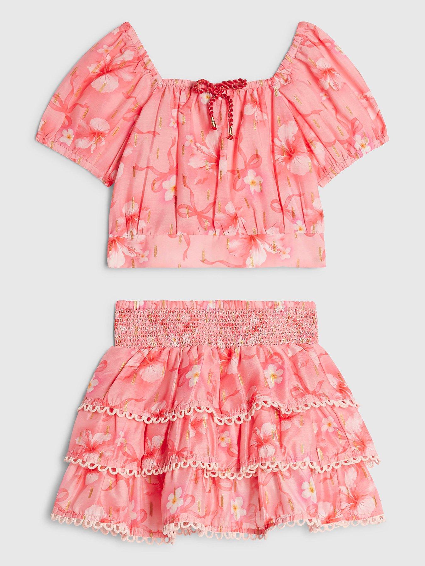 Image 1 of 4 of River Island Mini Girls Hibiscus Bow Skirt Set - Pink